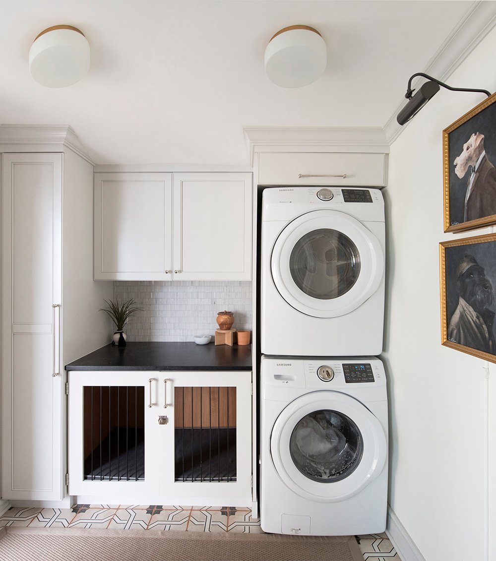 Laundry Room with Built-in Stacked Units and Integrated Dog Kennel - roomfortuesday.com