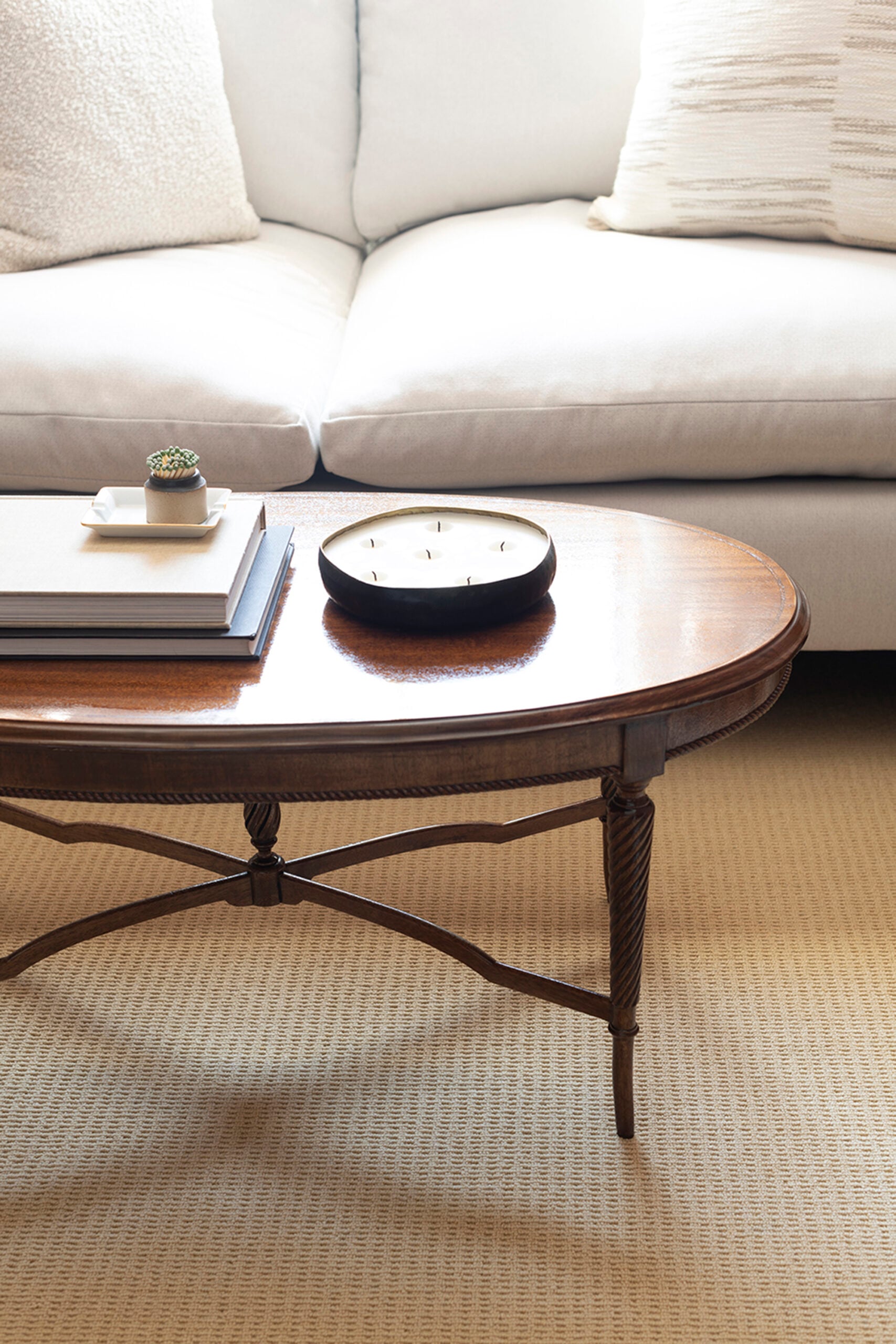 Walnut Stain Color Coffee Table Styled with Books Matches and Candle
