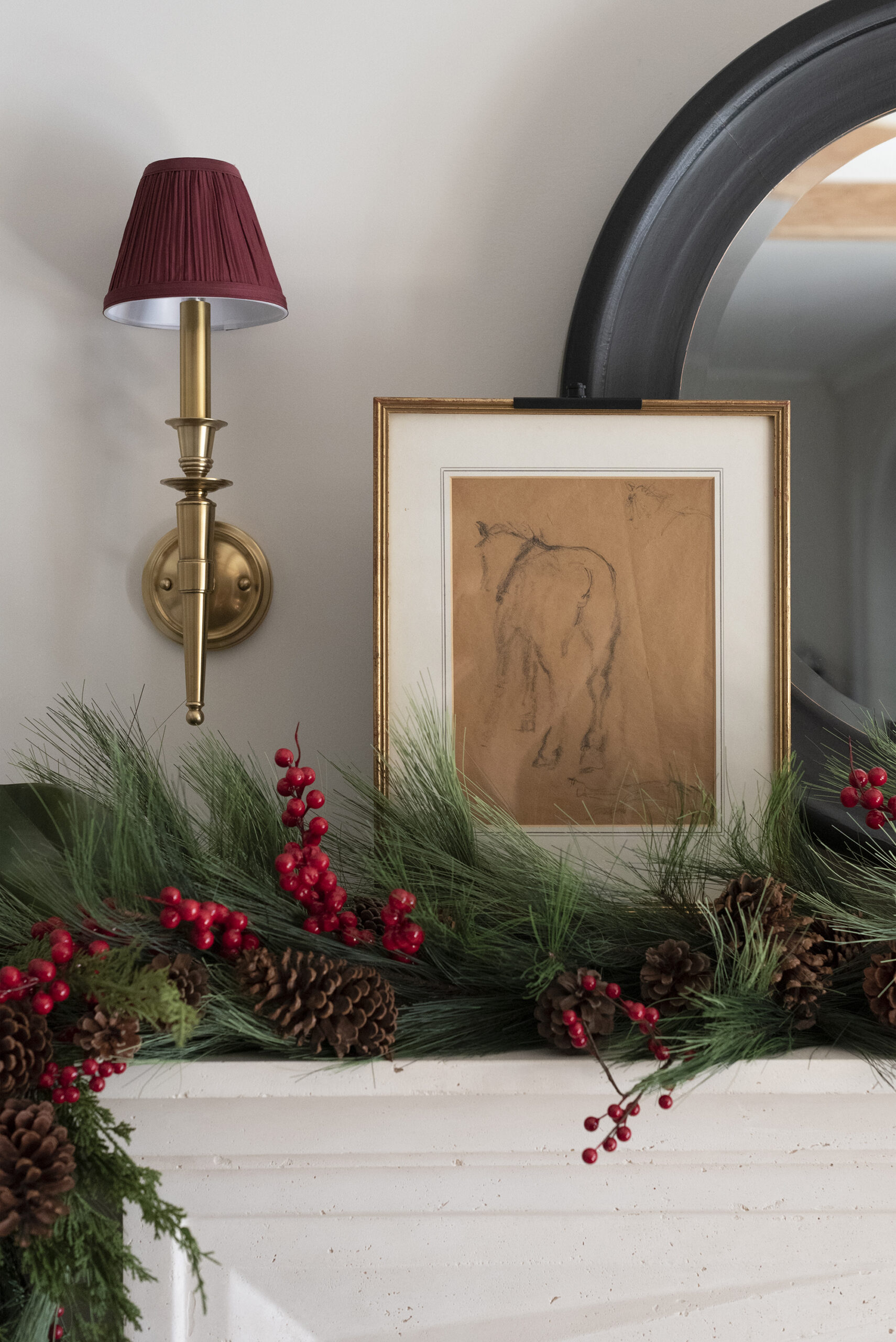 Brass Sconce with Vintage Horse Artwork and Ralph Lauren Pine Mantel by Room for Tuesday