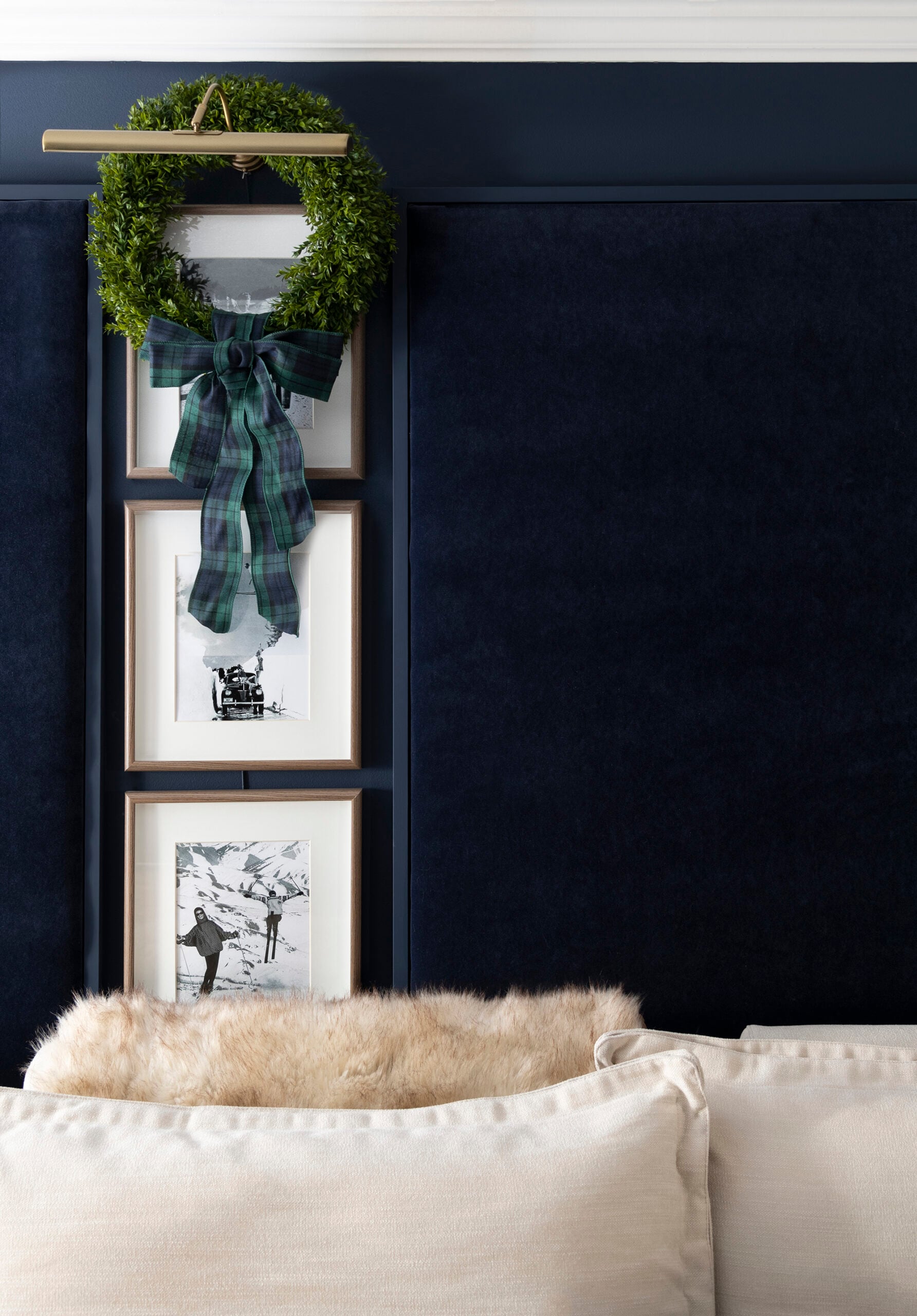 Tartan Ribbon on Boxwood Wreath with Vintage Ski Photos