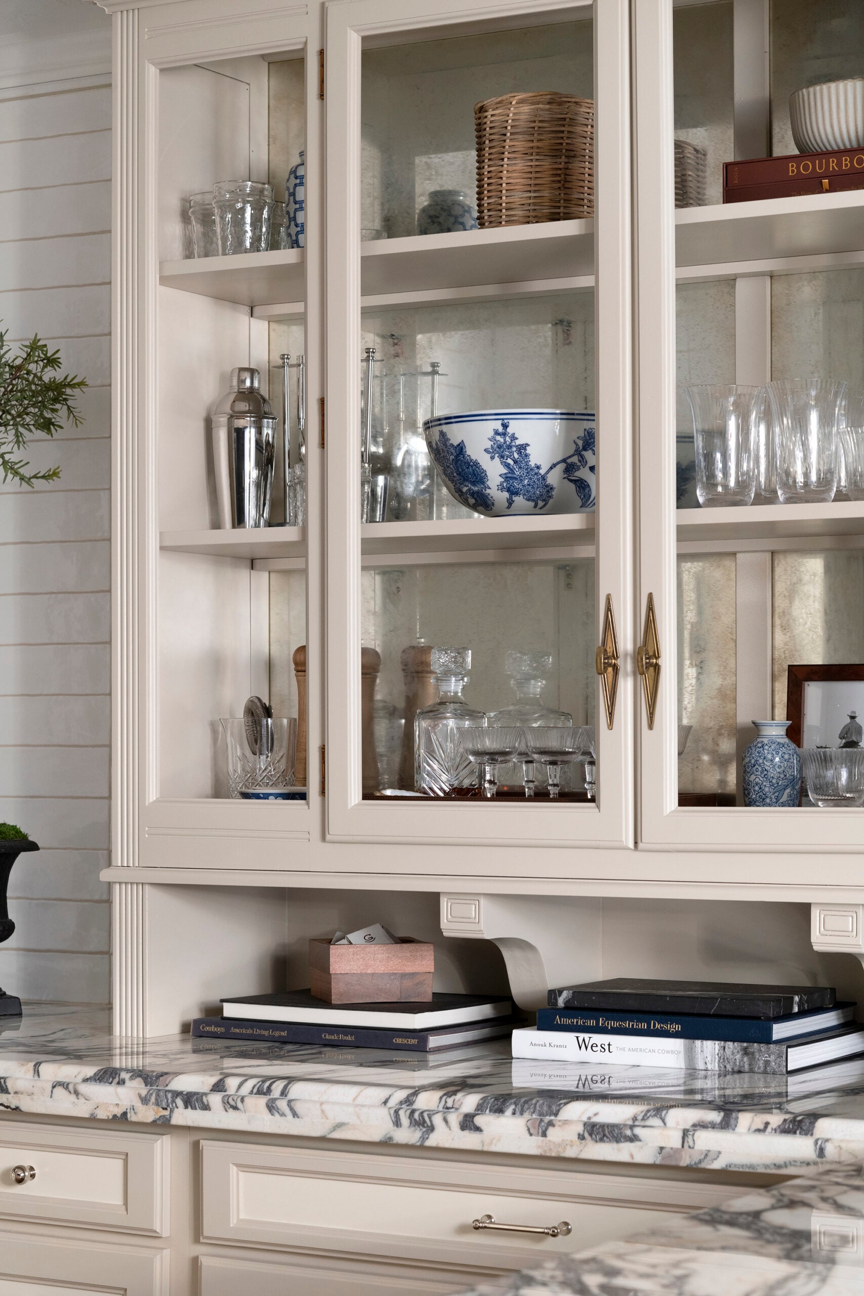 Blue and White Ceramics Styled Into Home Bar