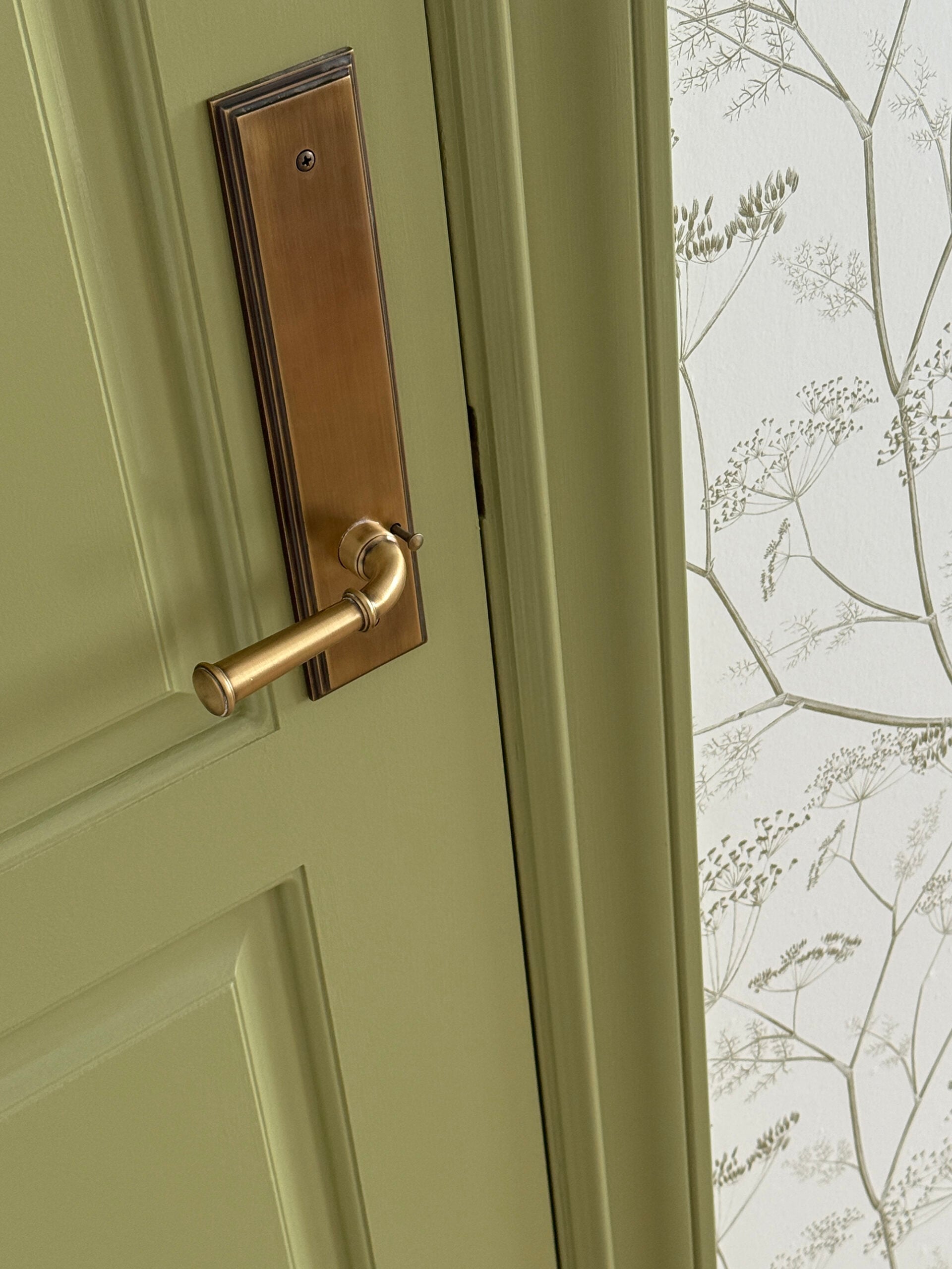 Brass Door Hardware on Green Door with Wallpaper