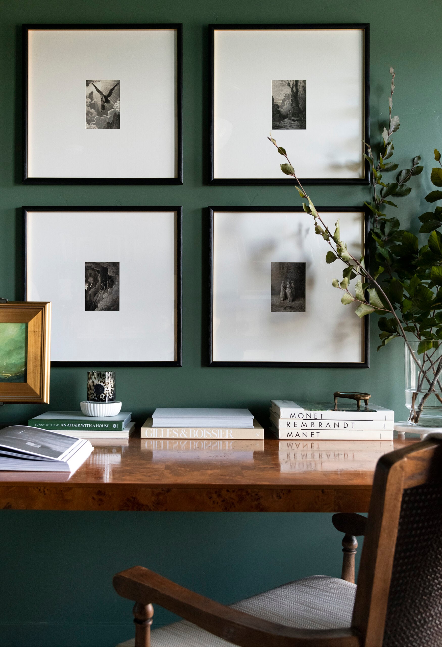Green Office with Black and White Artwork Grid Gallery Wall