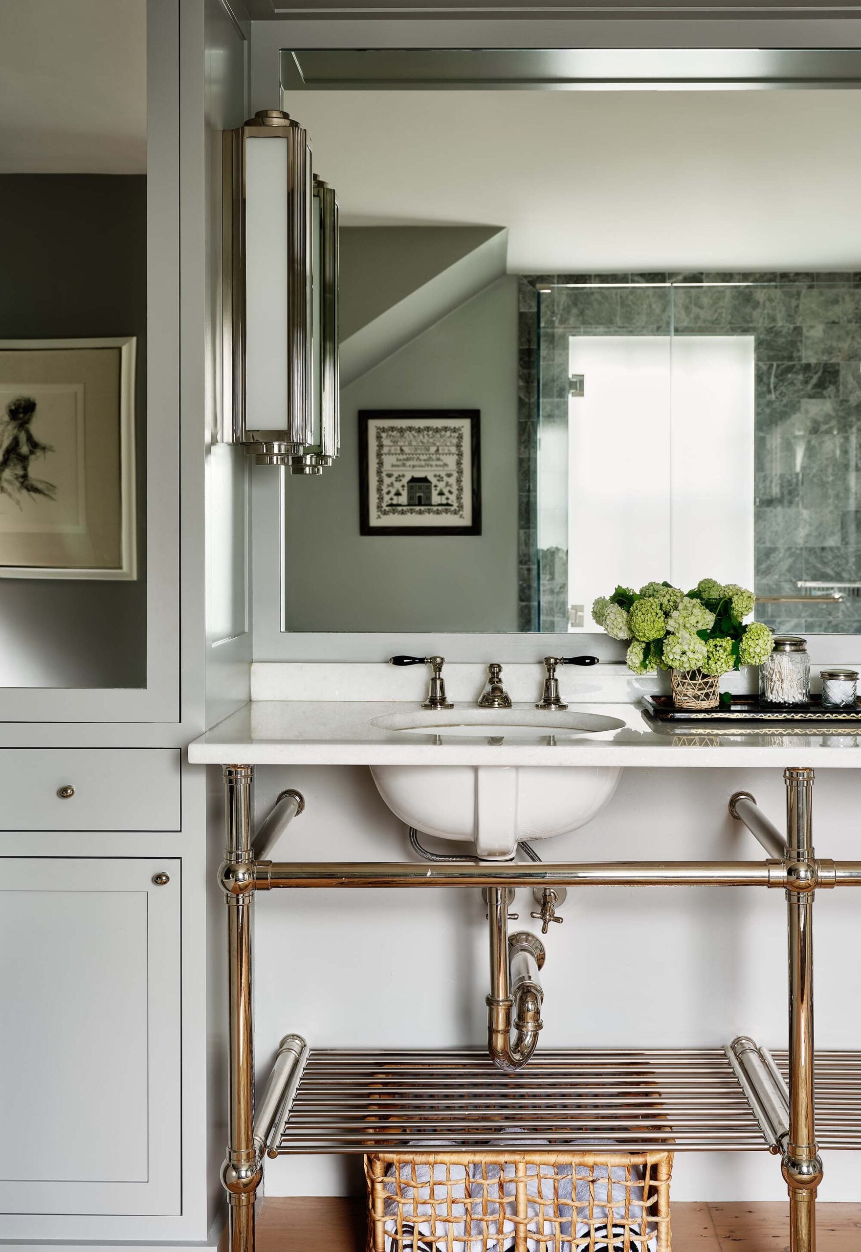 KristinPaton-Nantucket Bathroom Sink on Brass Legs with Sconce Lighting