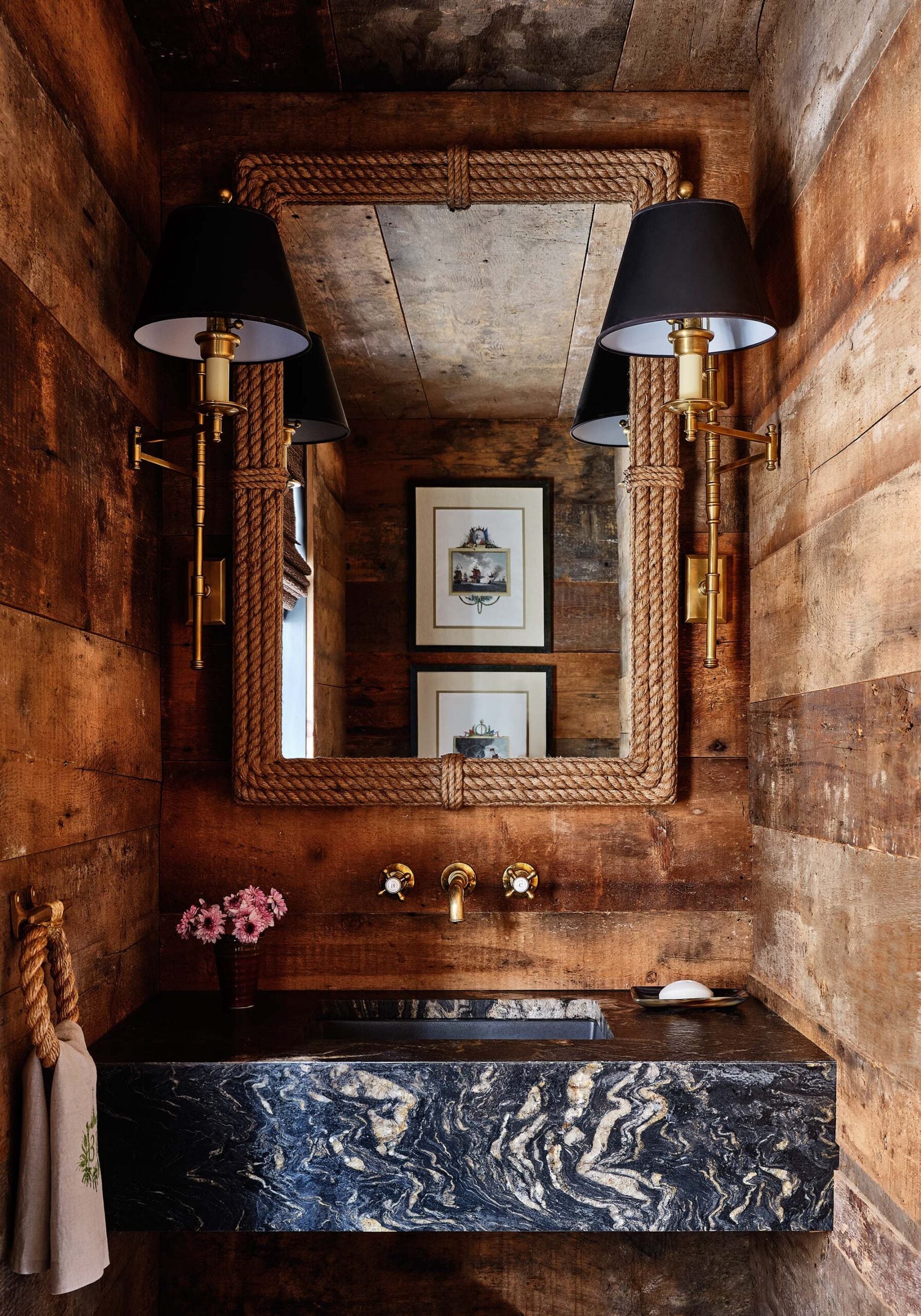 KristinPaton-Nantucket Bathroom Sink with Rope Frame Mirror Sconces and Rope Hand Towel Holder