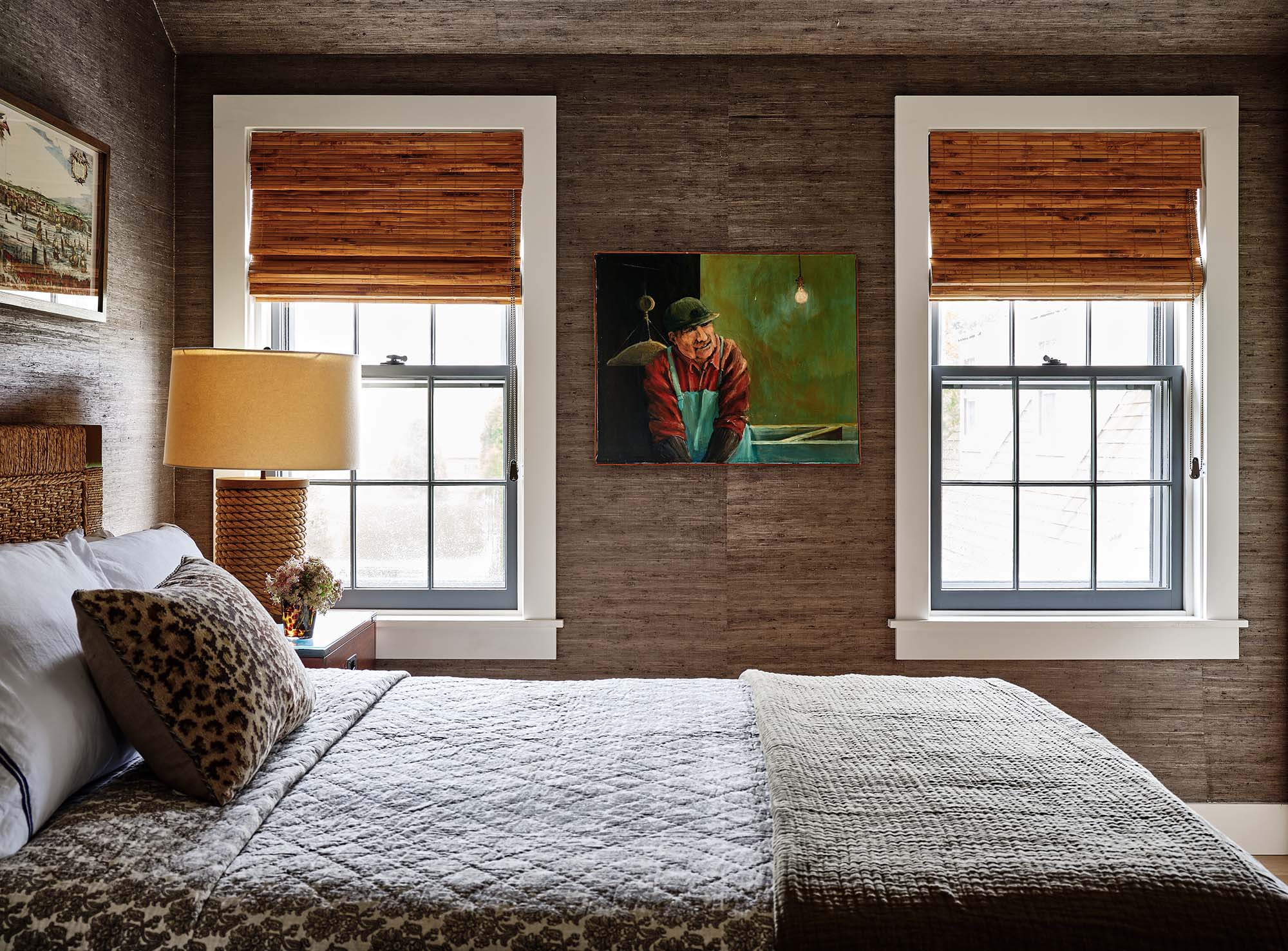 KristinPaton-Nantucket Bedroom with Grasscloth Ceiling and Walls Woven Shades on Windows and Woven Headboard