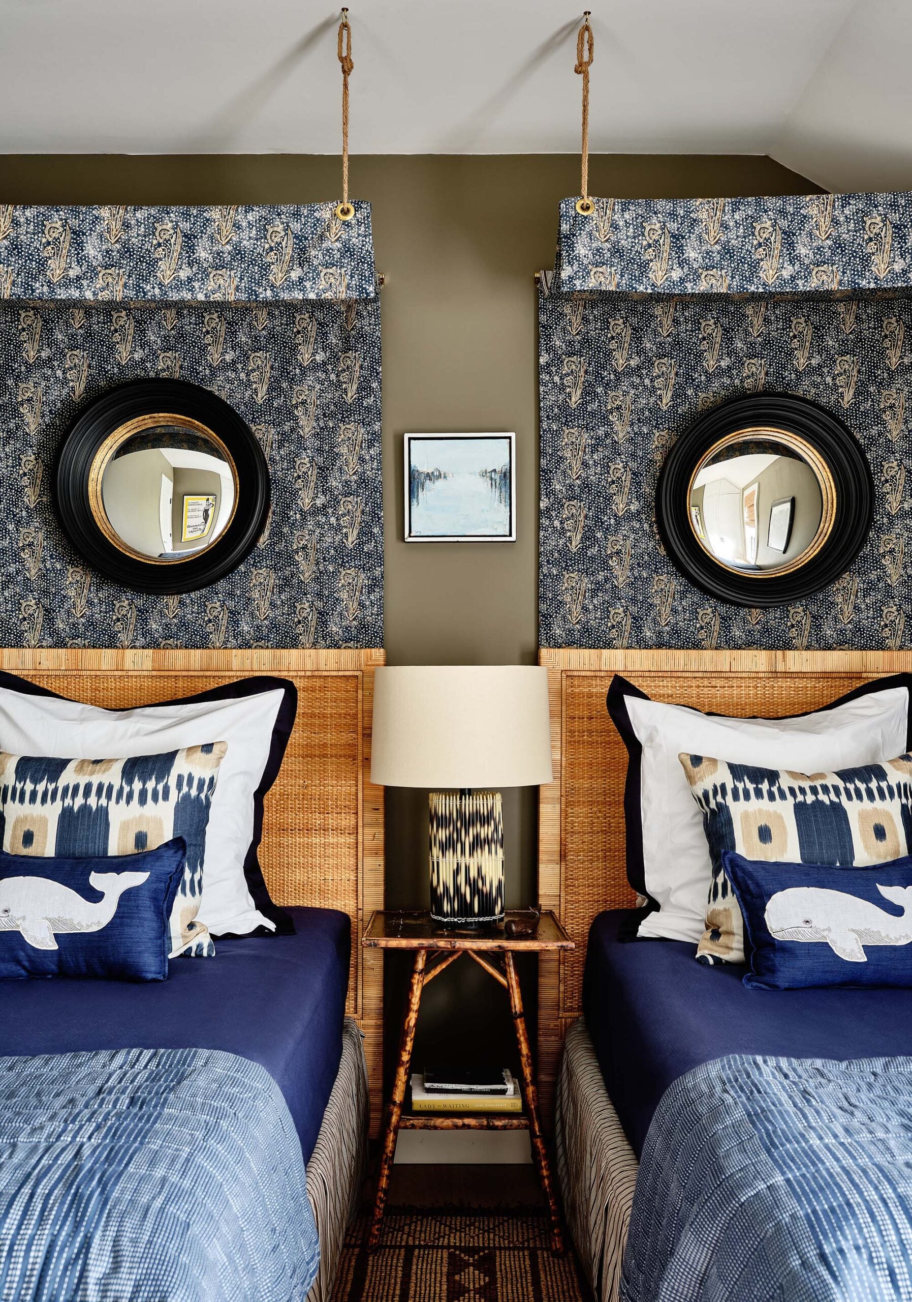 KristinPaton-Nantucket Bedroom with two Single Beds Canopies Rattan Headboards
