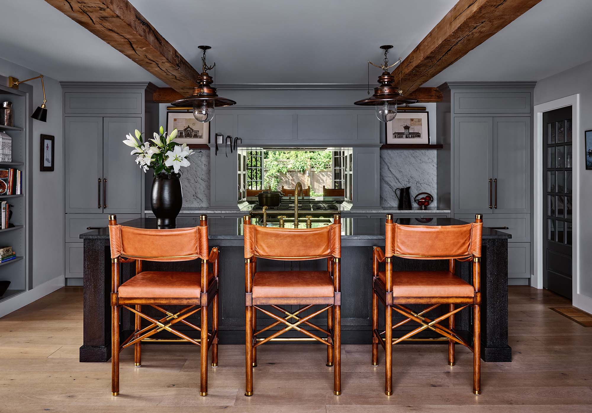 KristinPaton-Nantucket Dark Moody Kitchen Island and Counter Height Directors Chairs