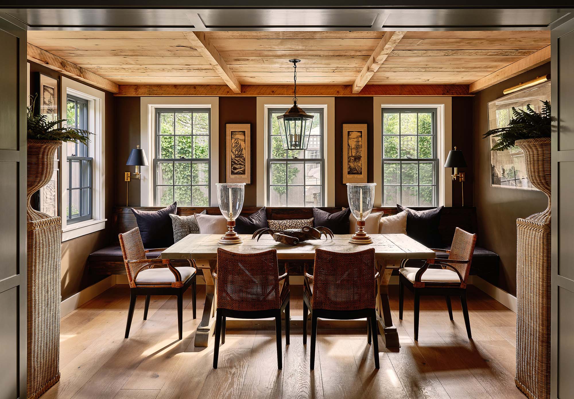 KristinPaton-Nantucket Dining Room Table and Chairs Bench Seating Under Windows Wood Floor Wood Ceiling