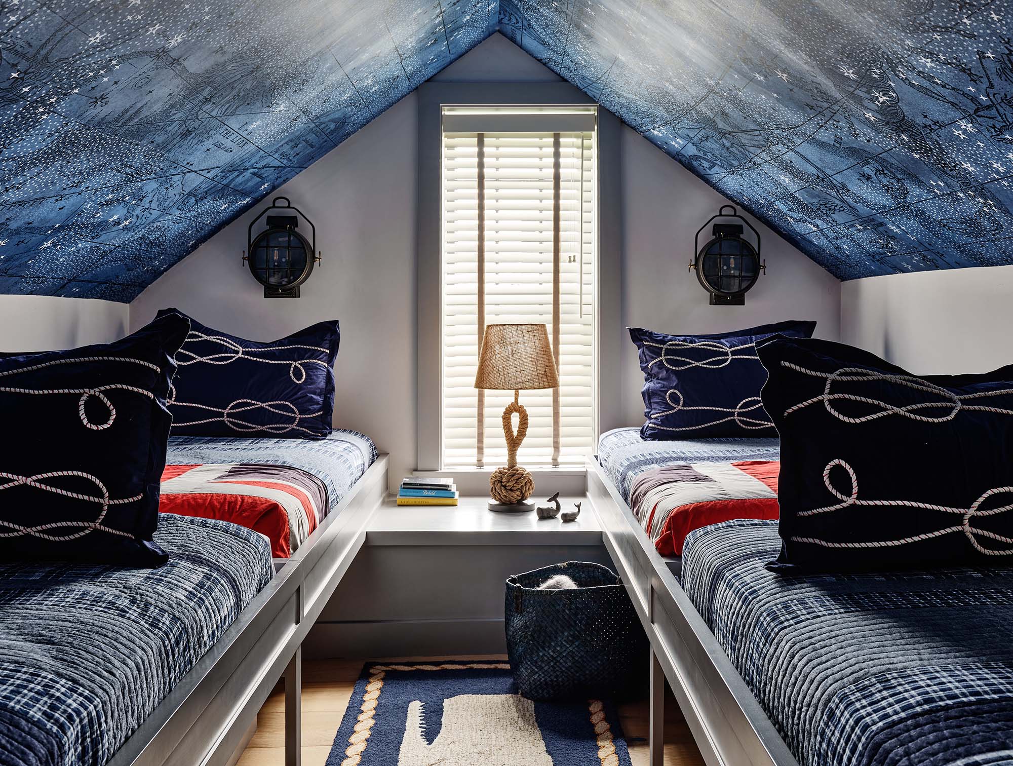 KristinPaton-Nantucket Small Attic Room with four small beds night sky ceiling covering