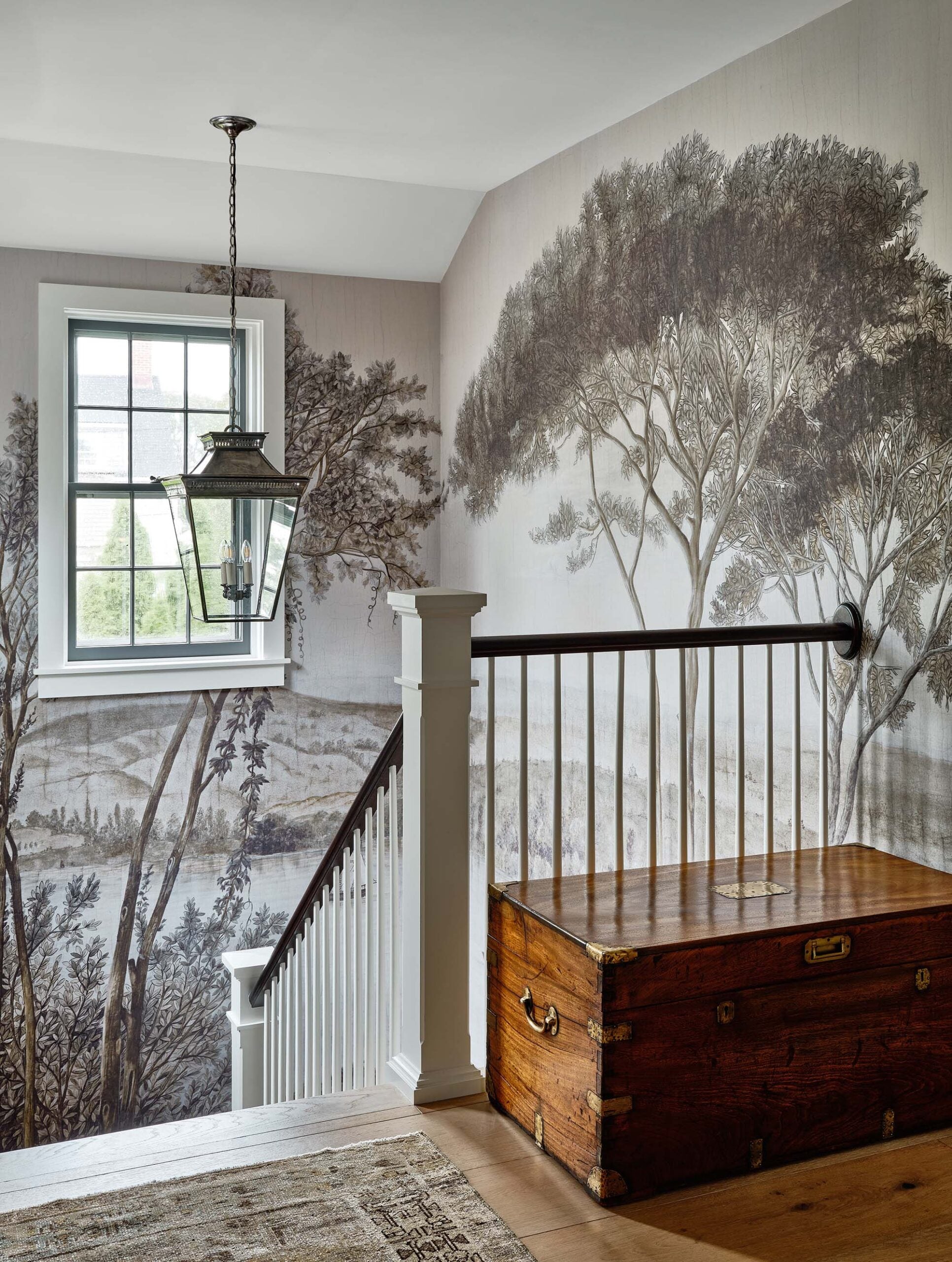KristinPaton-Nantucket Staircase with Pendant Light and Mural Wallpaper Vintage Wood Trunk