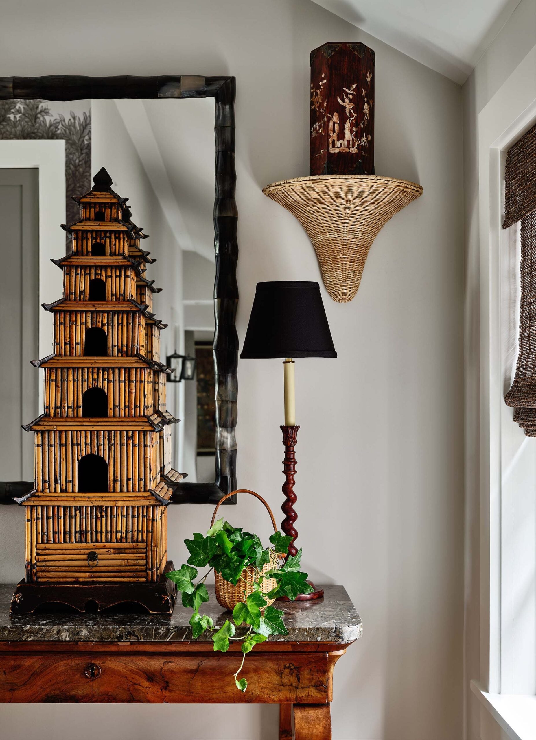 KristinPaton-Nantucket Vignette with Wood Table Stone top and Sconce Light and mirror