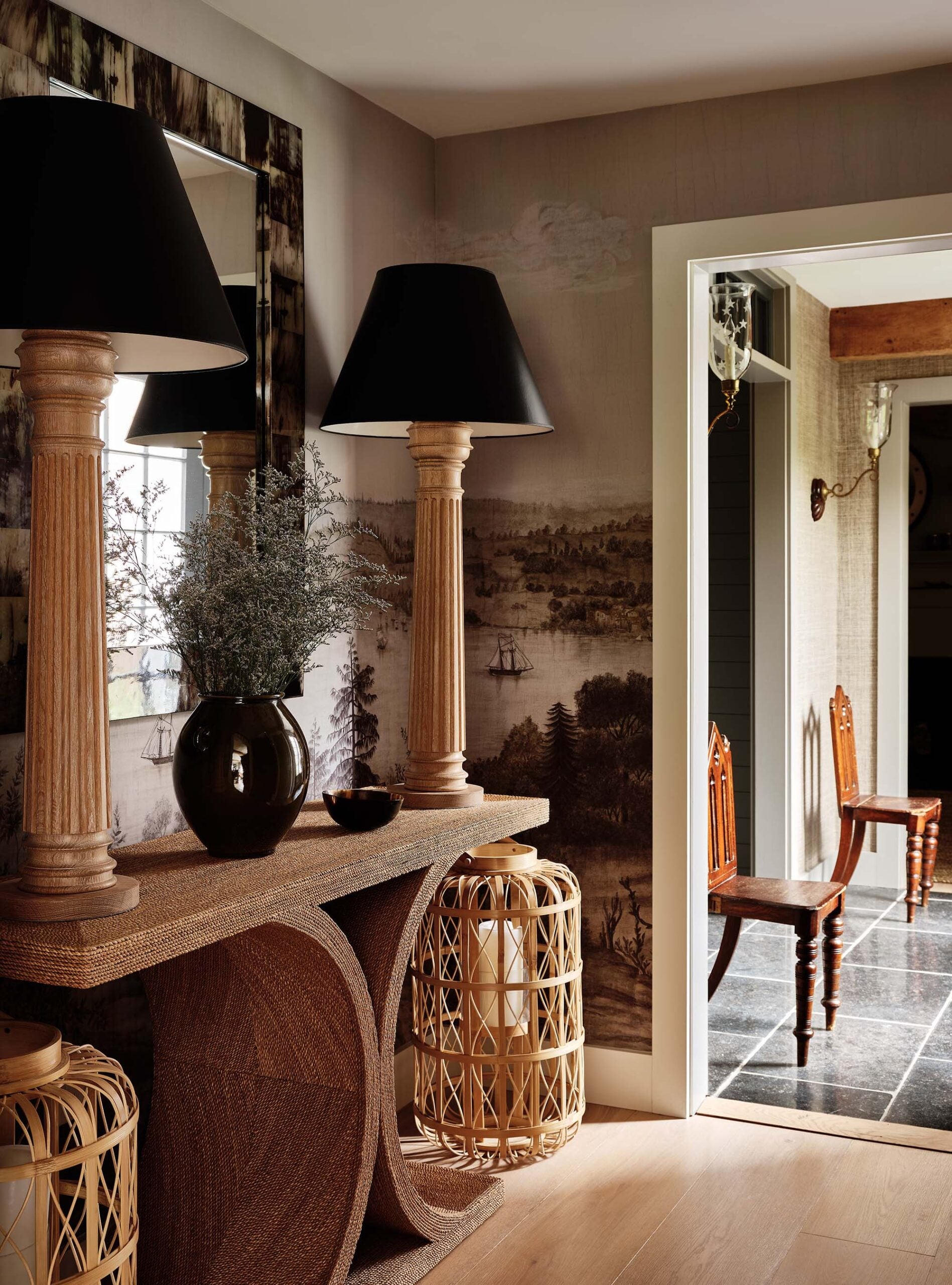 KristinPaton-Nantucket Vignette with Woven Table Oversized Lamps and Mirror