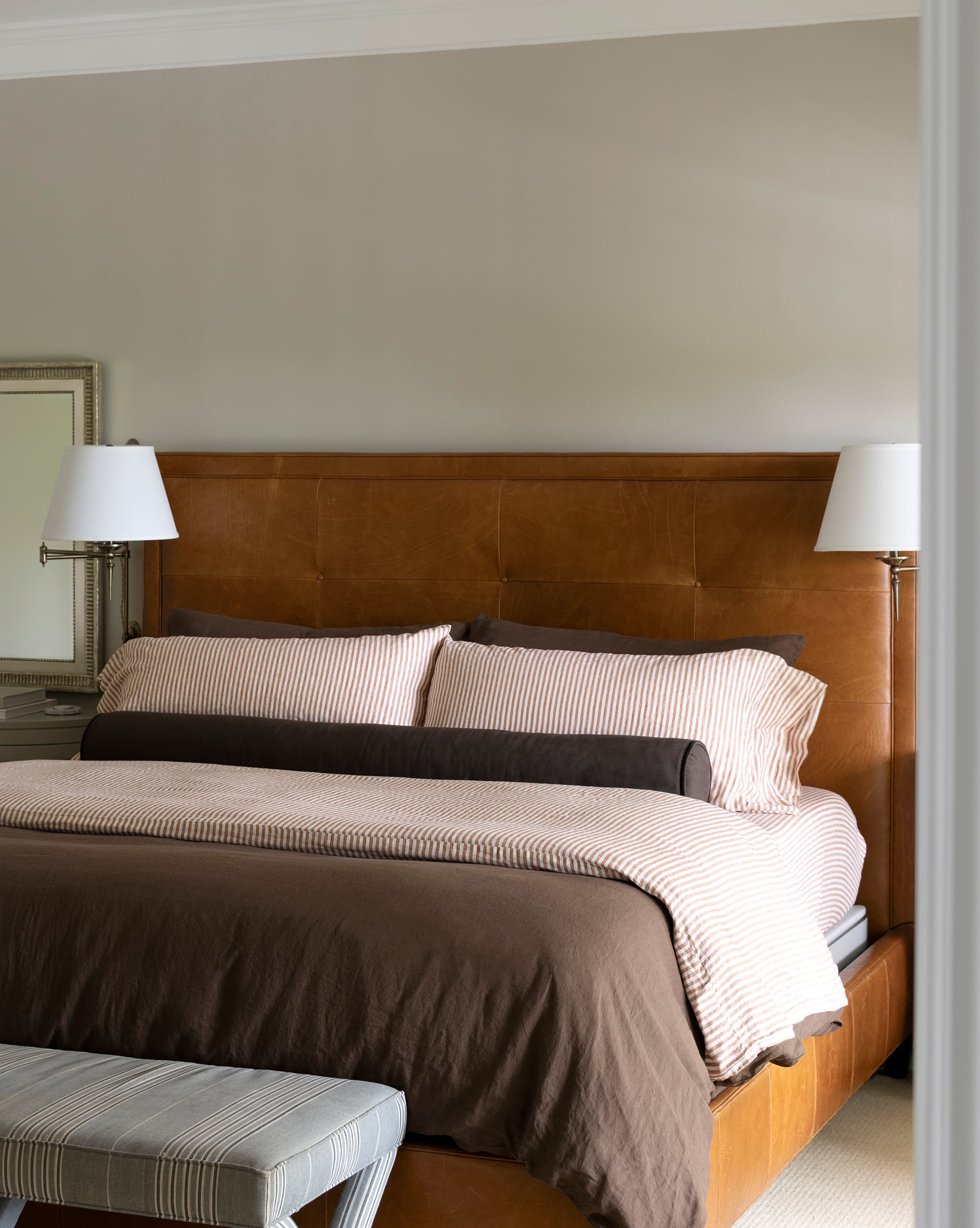 Quince Linen Bedding with Sleep Number Mattress on Leather Bed