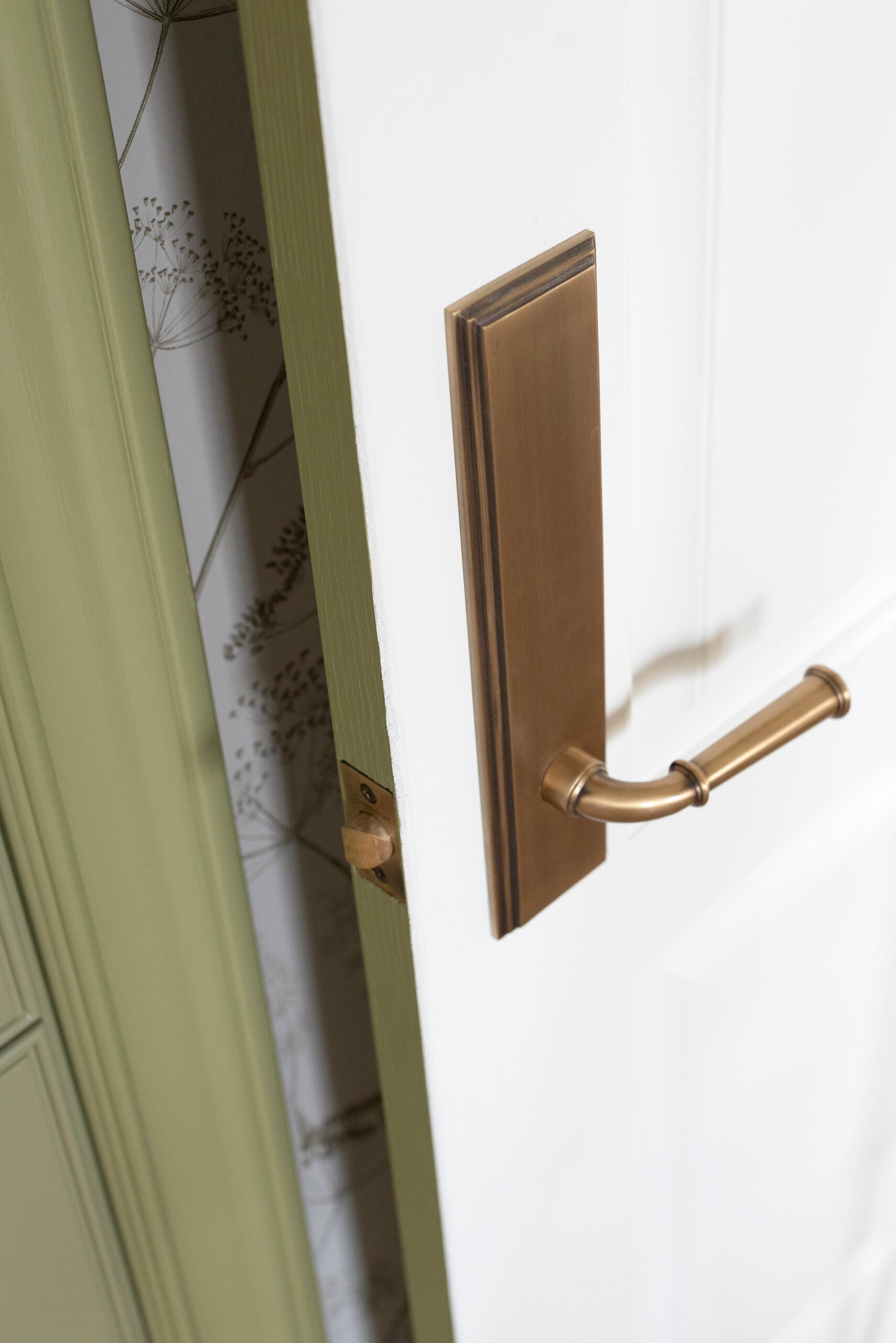 Brass Door Hardware on White Door