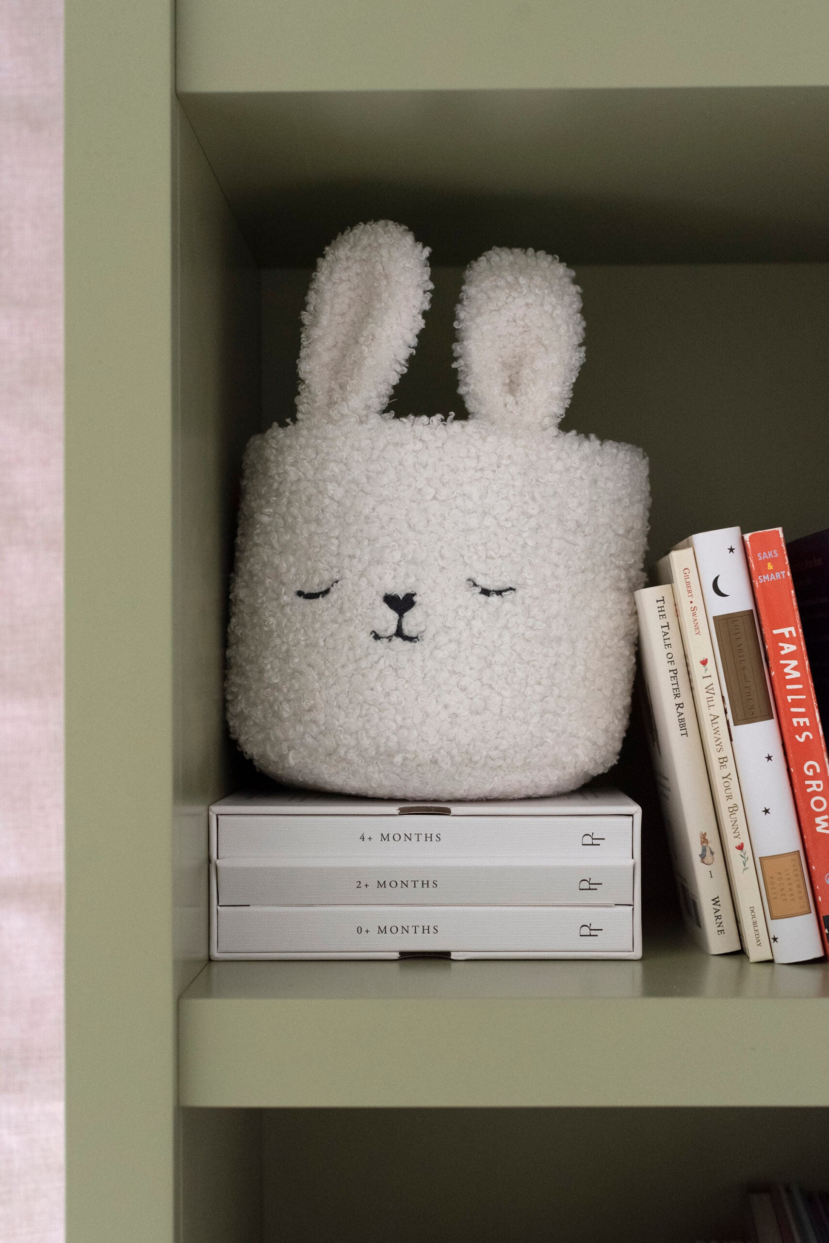 Cute Bunny Basket on Green Built-In Shelf in Nursery