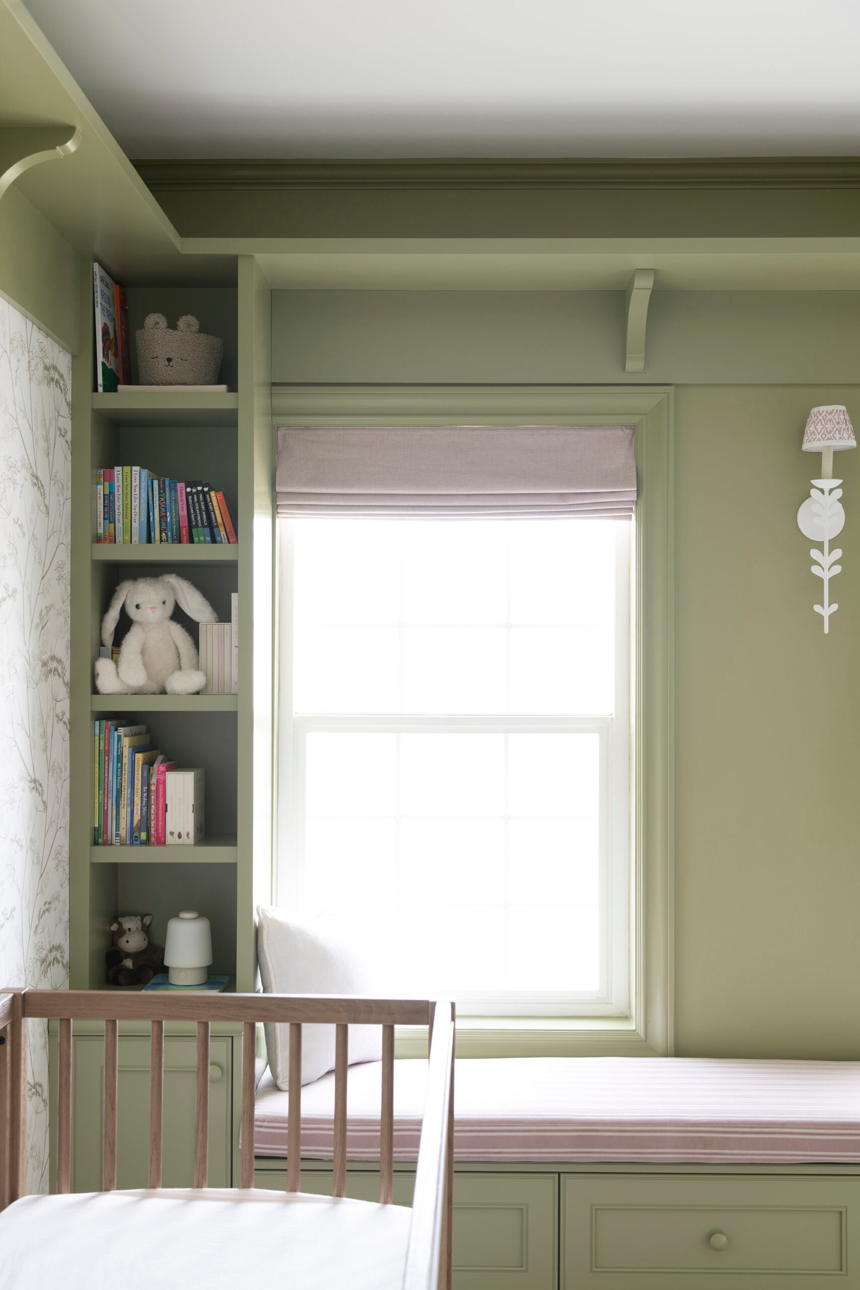 Green Built In Window Seat in Girls Nursery