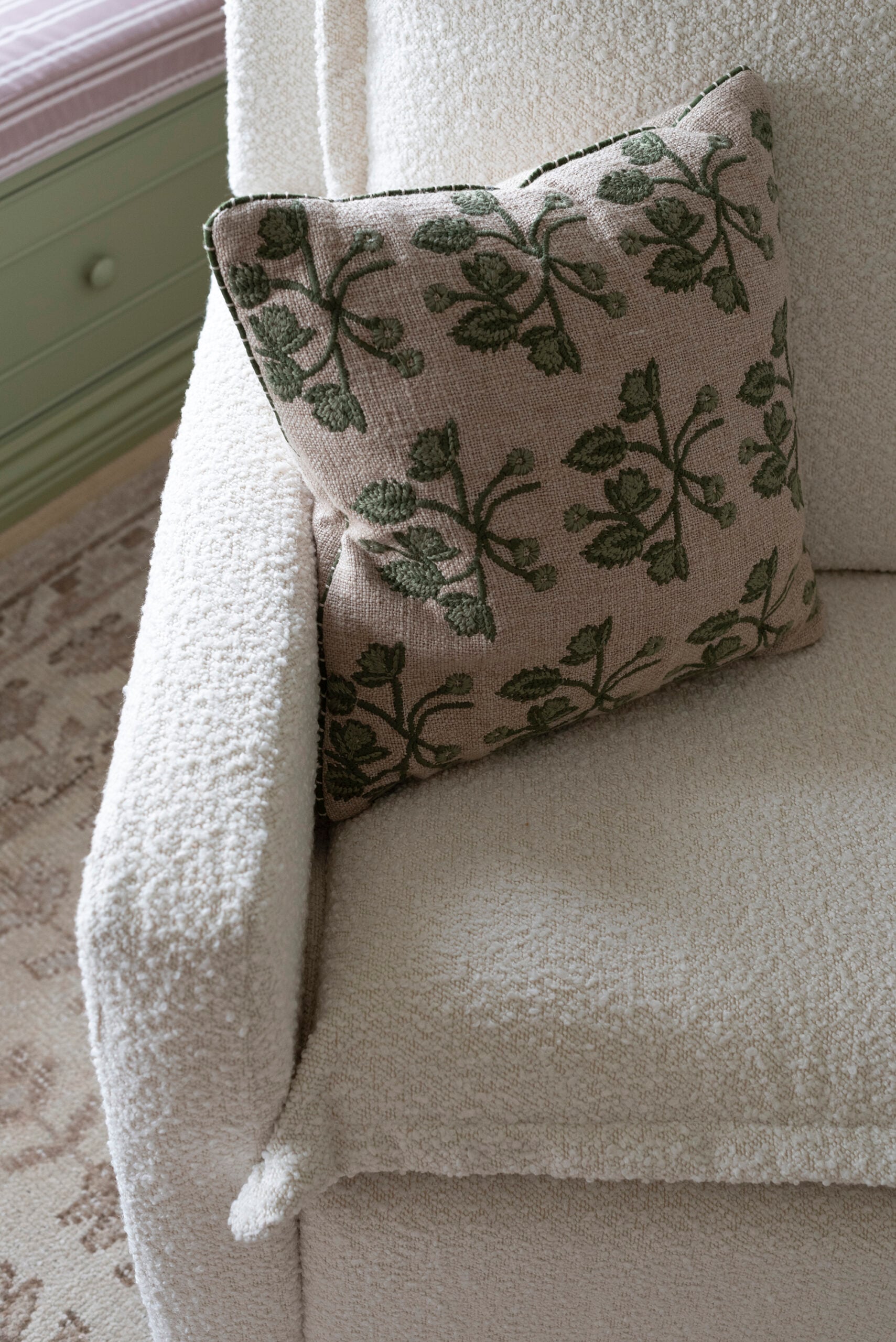 Green Floral Embroidered Pillow