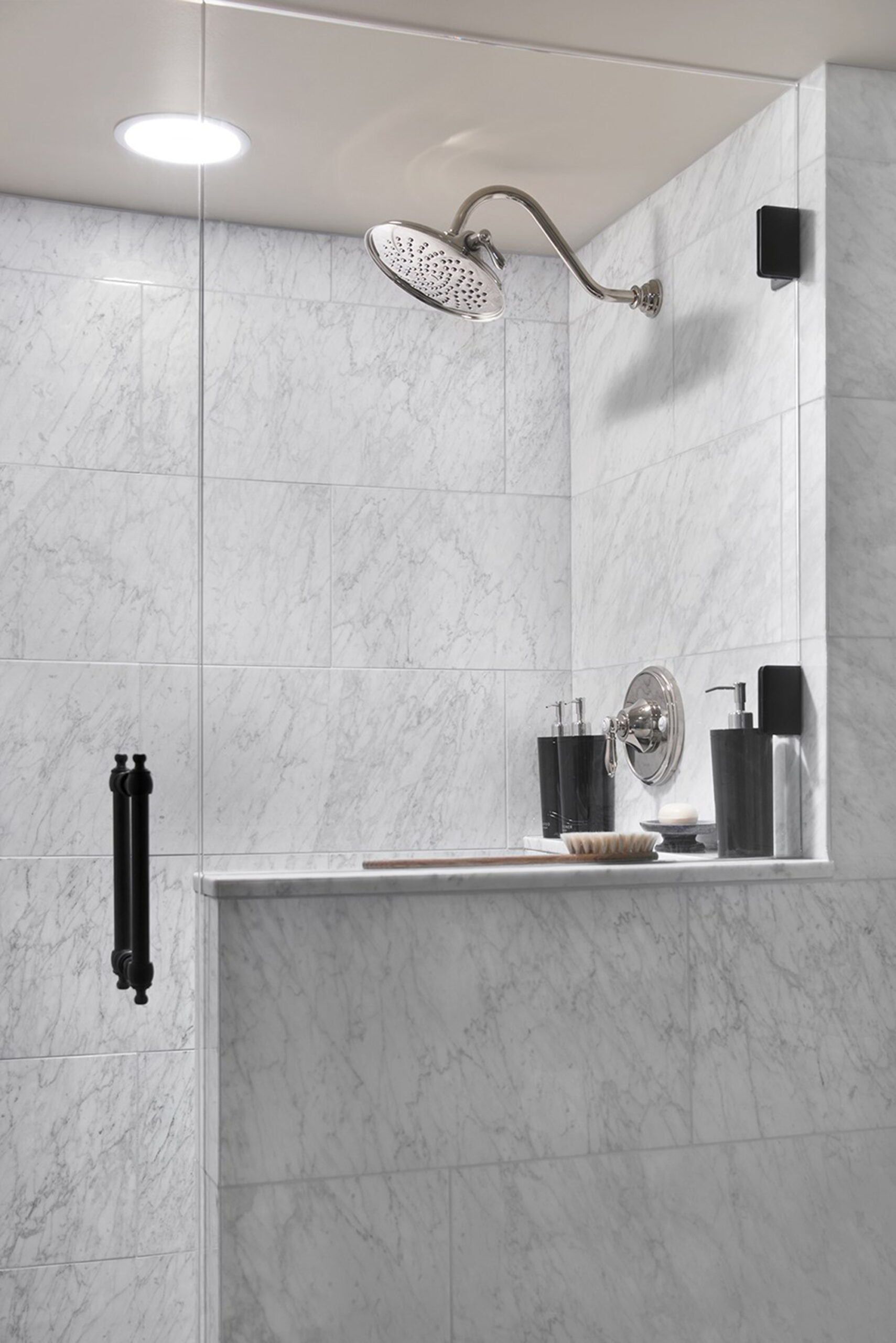 Marble Shower with Polished Nickel Plumbing Fixtures