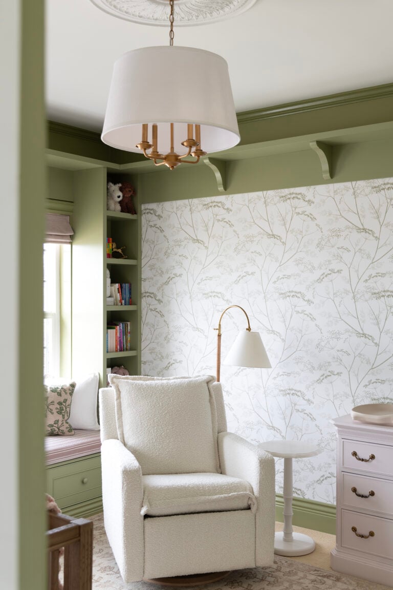 Room for Tuesday Nursery Reveal with Green Built-In and Floral Wallpaper
