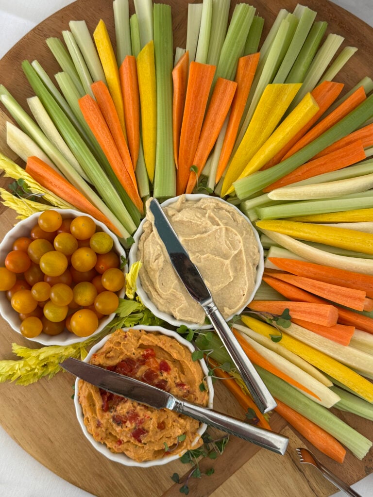 Round Hummus and Veggie Tray for Spring Shower