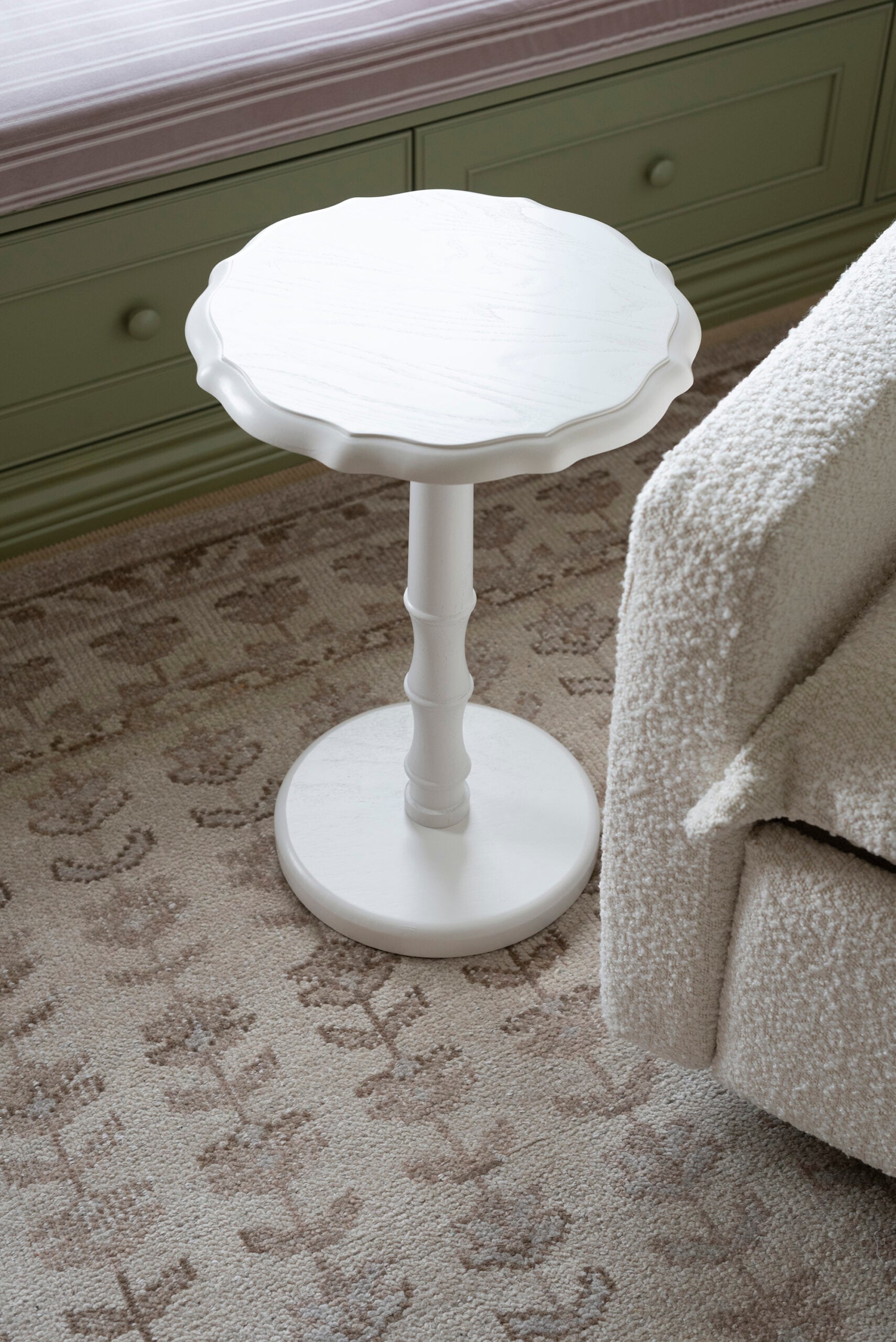White Scalloped Edge Pedestal Side Table In Girl Nursery