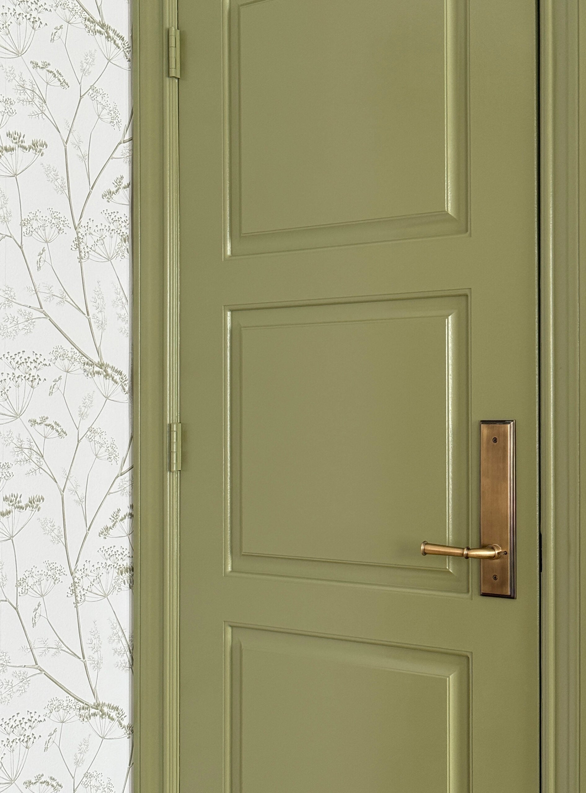 Green Door with Custom Color Matched Floral Wallpaper