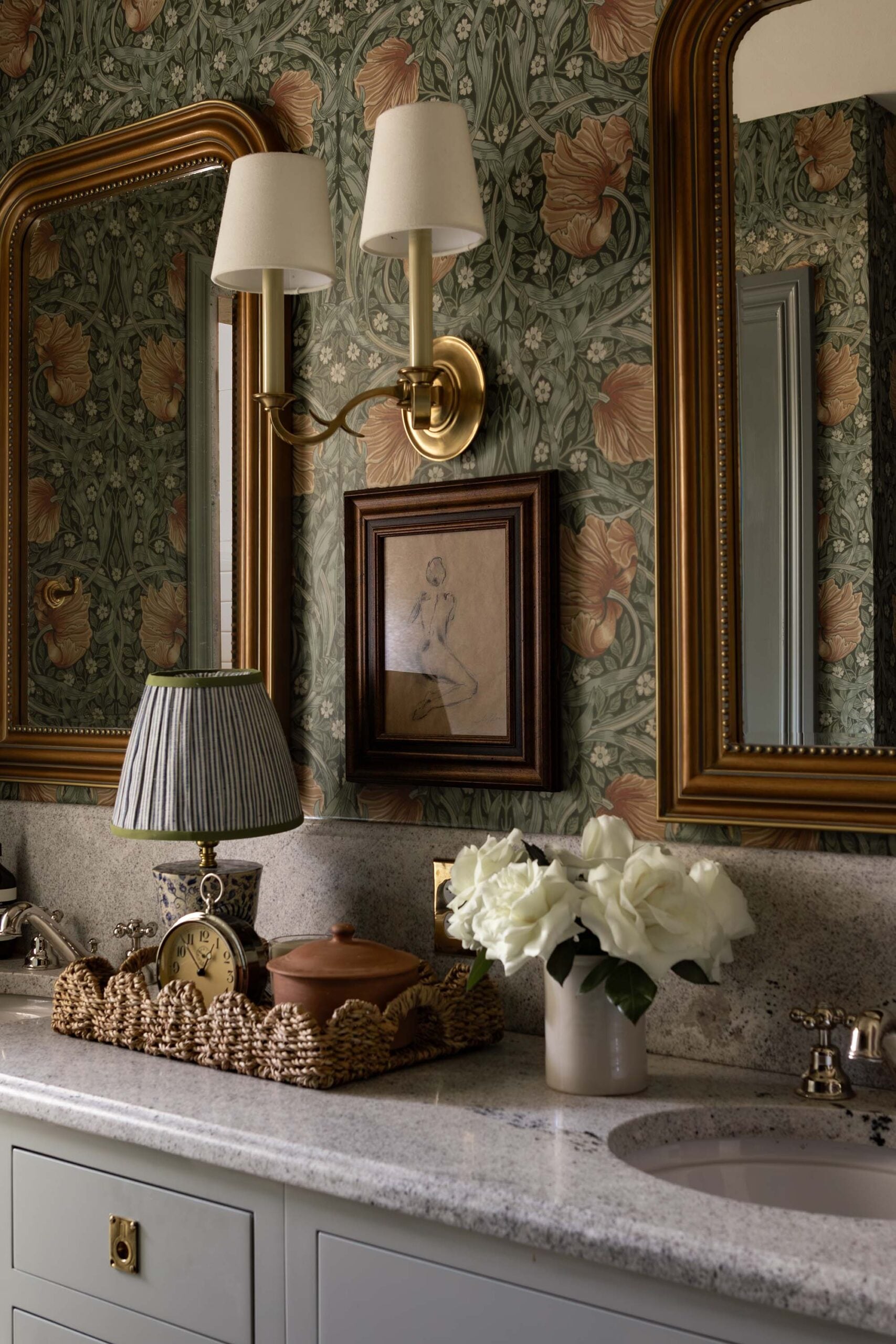 Oho Interiors-Carriage House-Bathroom Double Vanity Polished Nickel Faucets with Brass Mirros Sconce and hardware