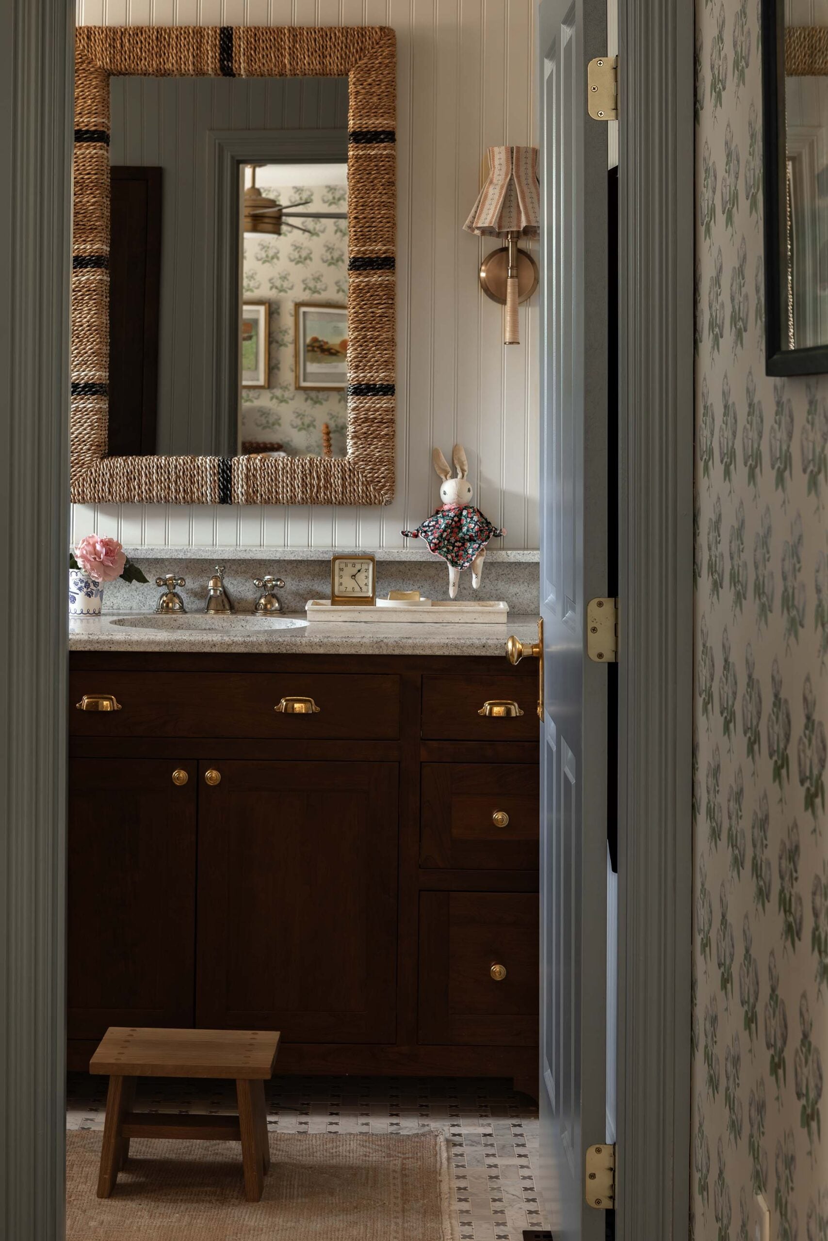 Oho Interiors-Carriage House-Bathroom Single Sink Vanity with Woven Mirror and Sconce with Woven Shade