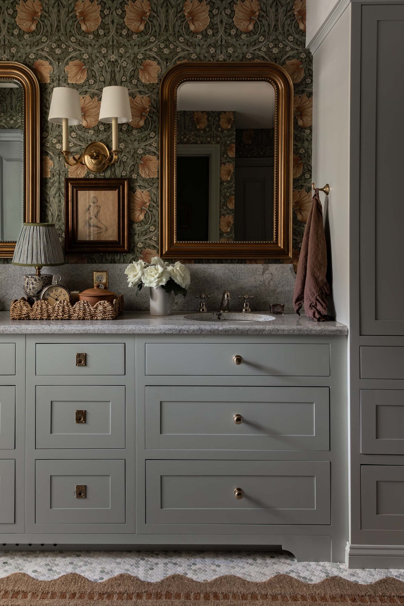 Oho Interiors-Carriage House Bathroom vanity Double Sconce between mirrors penny tile on floor