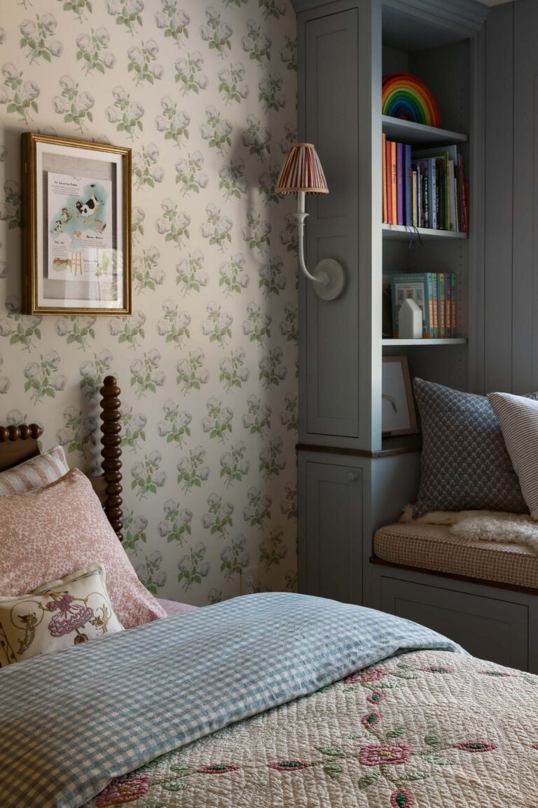 Oho Interiors-Carriage House-Bedroom Spindle Bed Built in bookshelf with bench seat reading nook