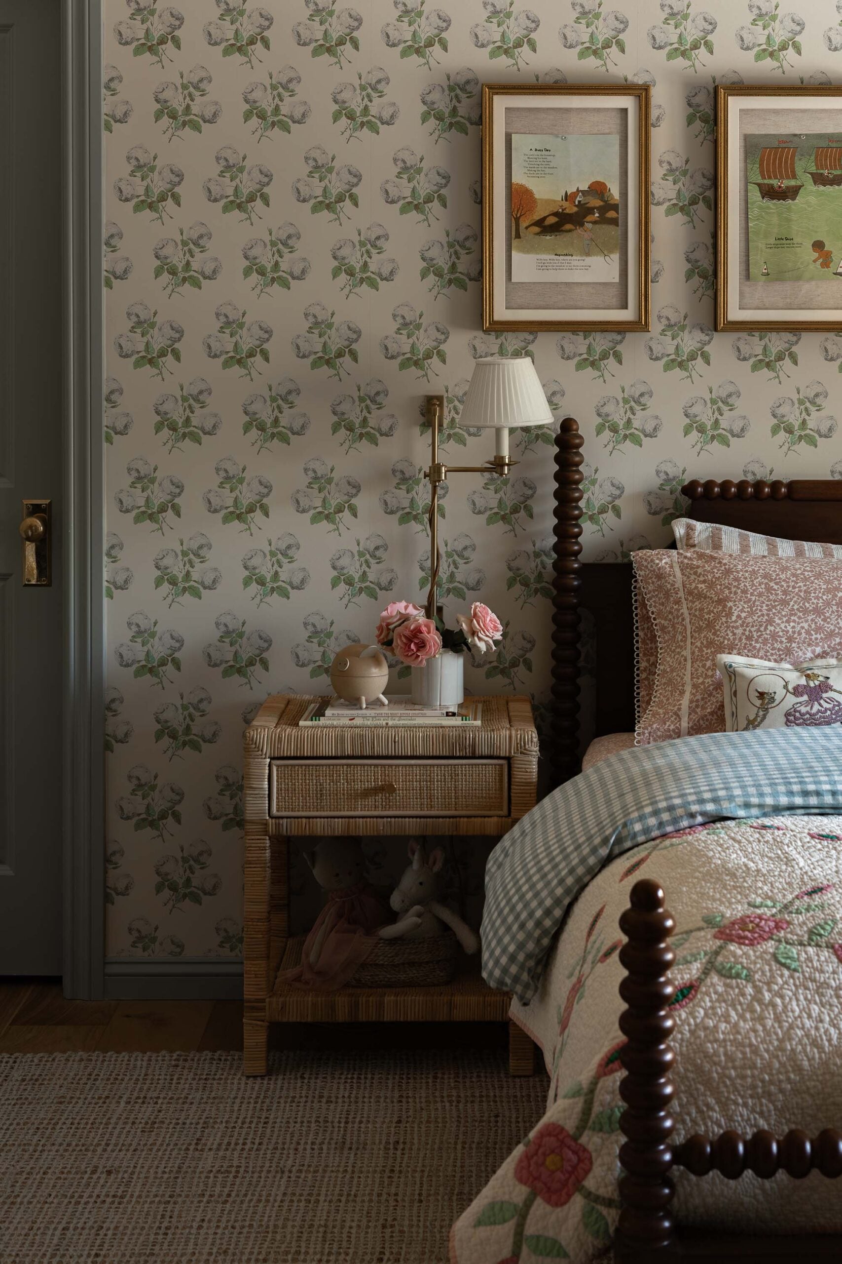Oho Interiors-Carriage House-Bedroom Spindle Bed with woven nightstand pattern wallpaper