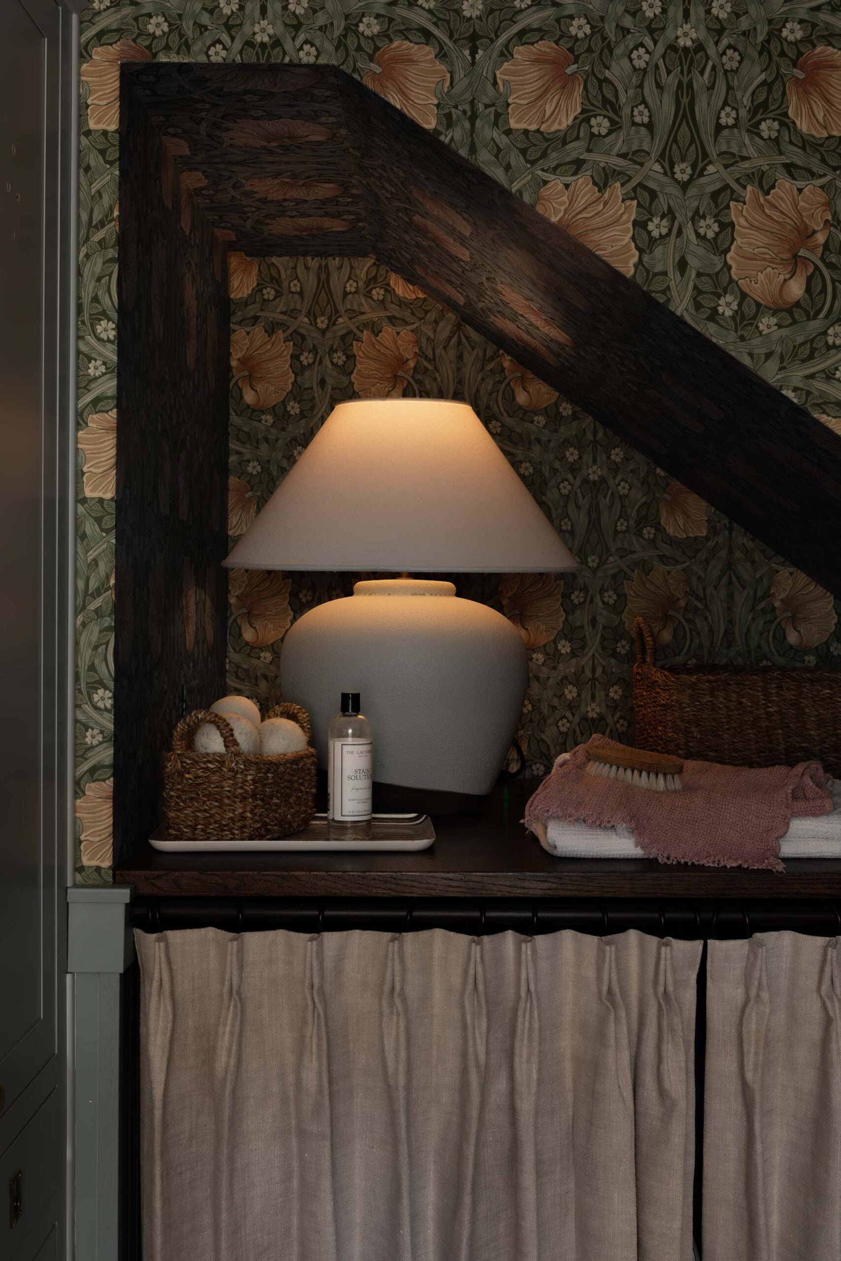 Oho Interiors-Carriage House- Cubby with Lamp Cafe Curtain Storage and Laundry essentials