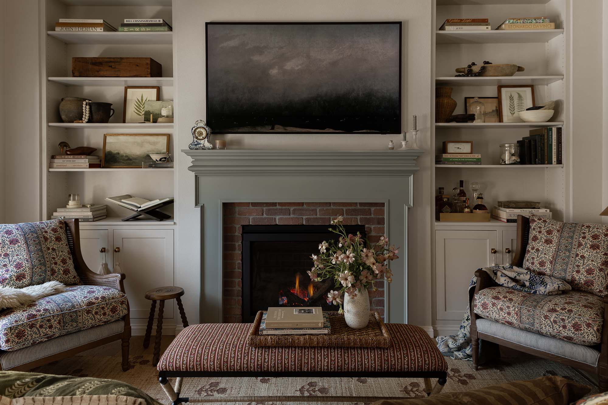 Oho Interiors-Carriage House-Fireplace Built Ins Sitting Room