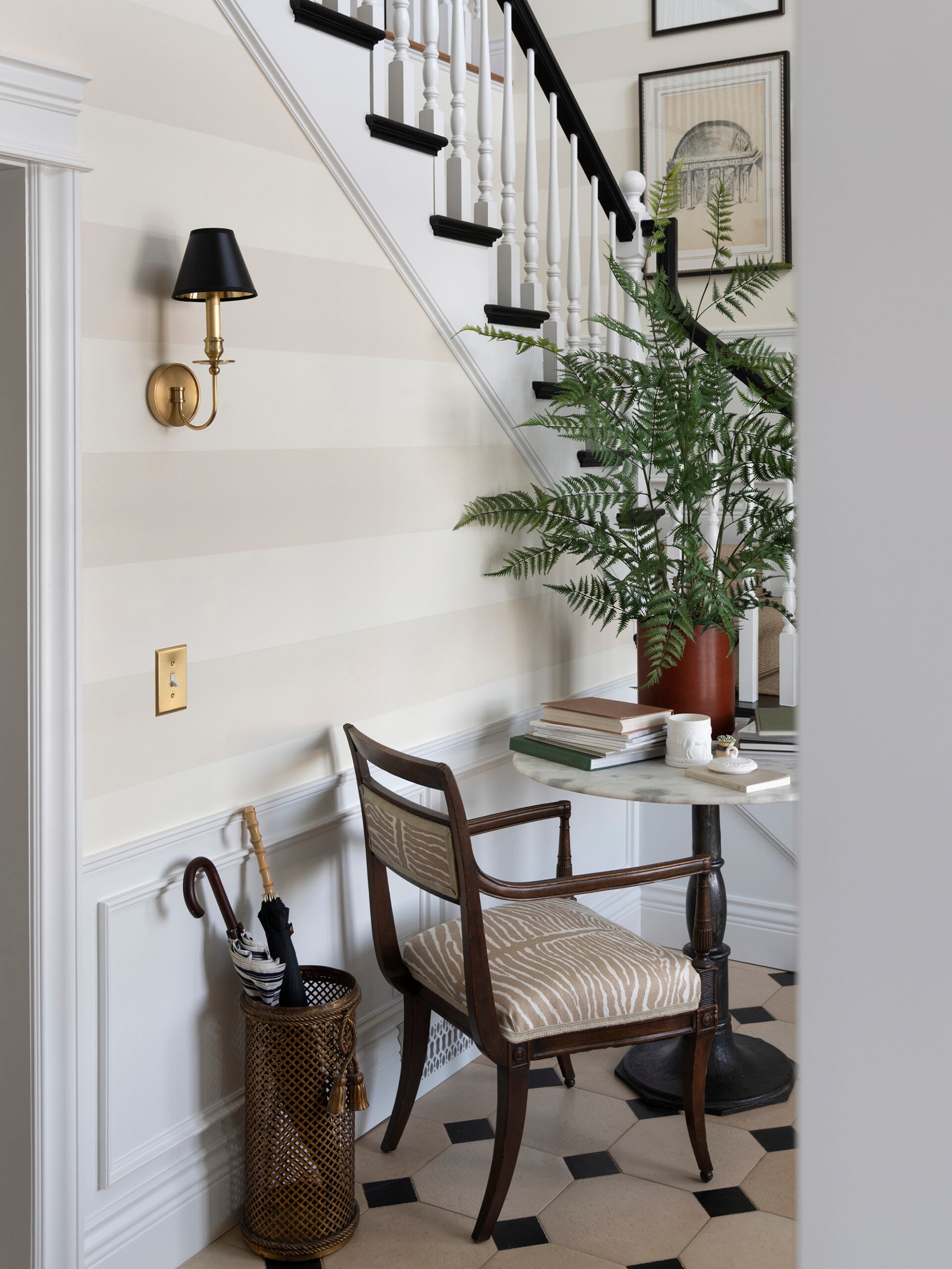 Outlet and Light Switch Placement Guide in Striped Entryway