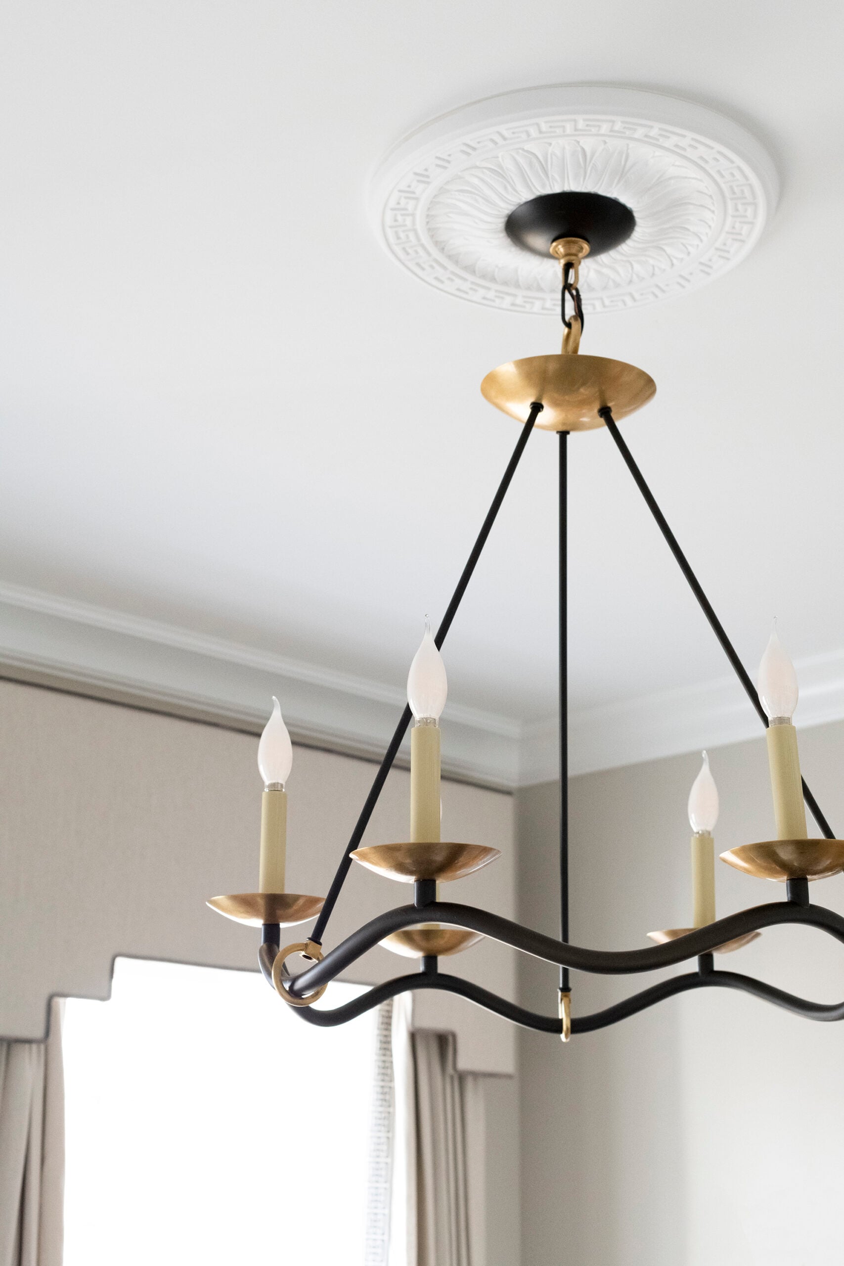 Visual Comfort Choros Chandelier with Greek Key Ceiling Medallion