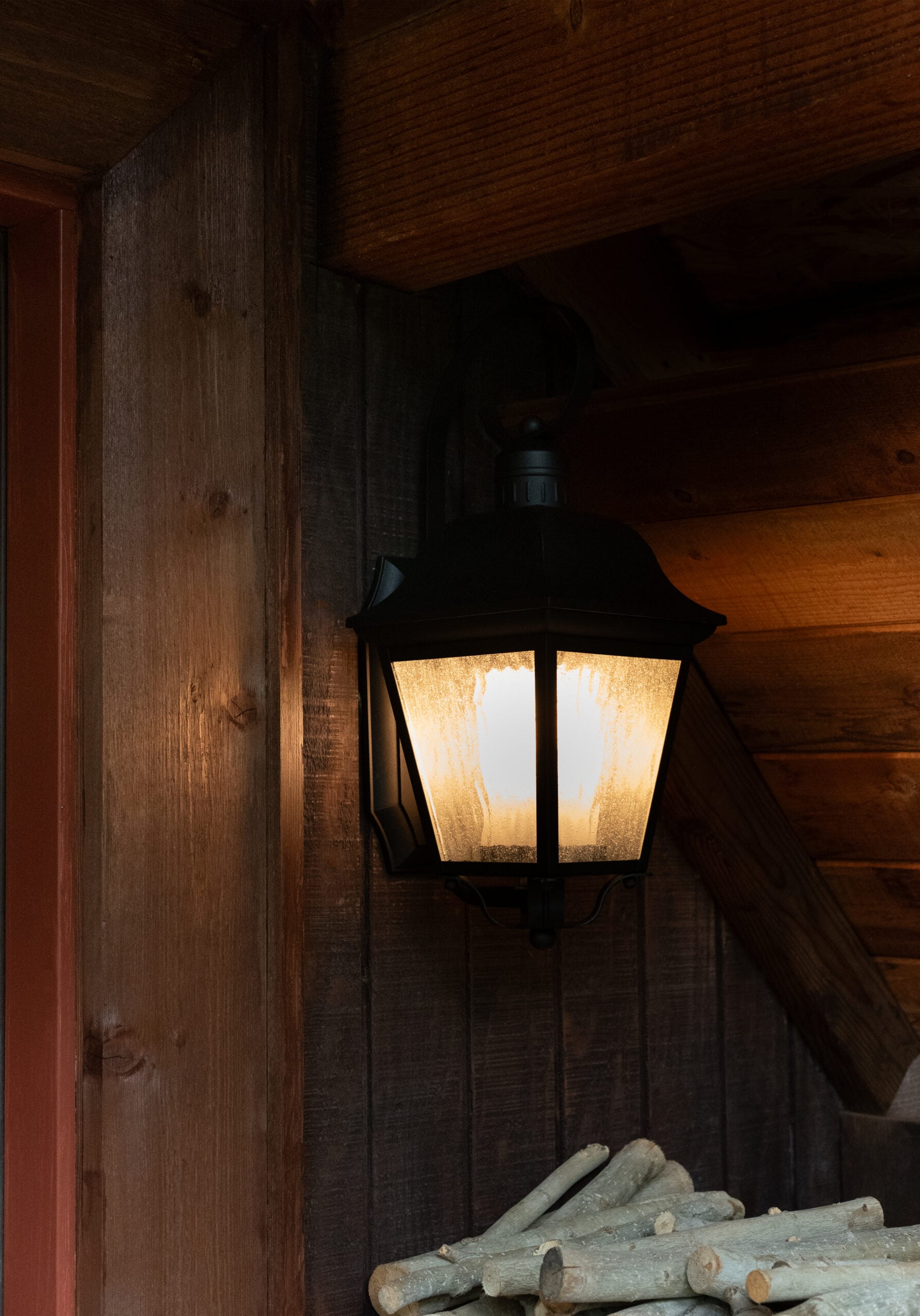 Classic Lantern Front Door Porch Light on Mountain Cabin
