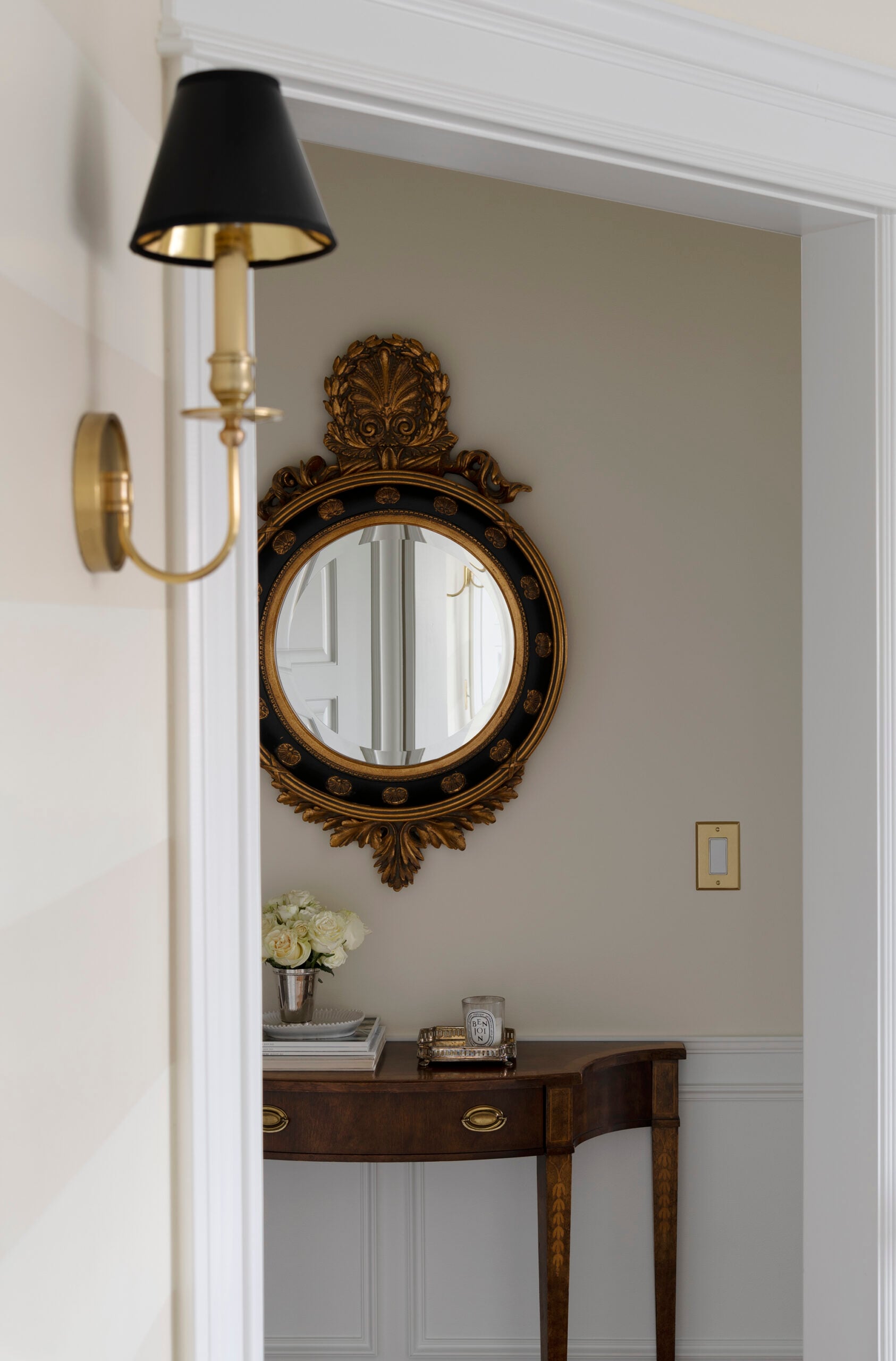 Large Scale Ornate Mirror in Hallway Above Demilune Table