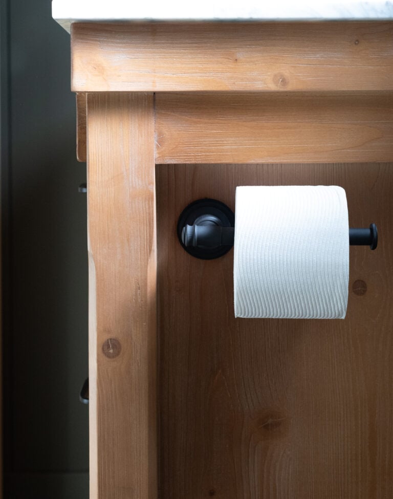 Rejuvenation Rigdon Toilet Paper Holder on Wood Bathroom Vanity