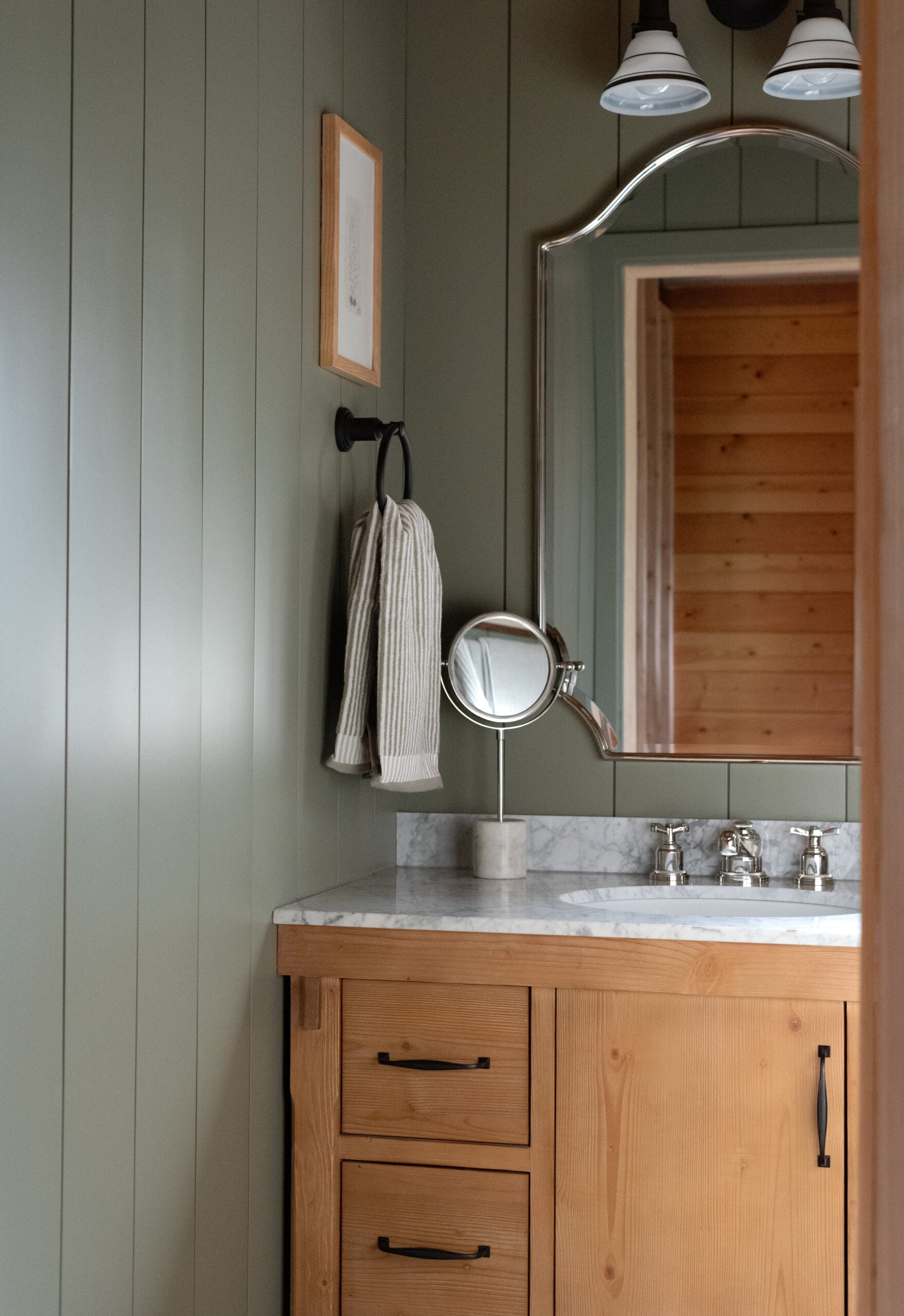 Wood Bathroom Vanity with Carrara Countertop in Cabin Bathroom