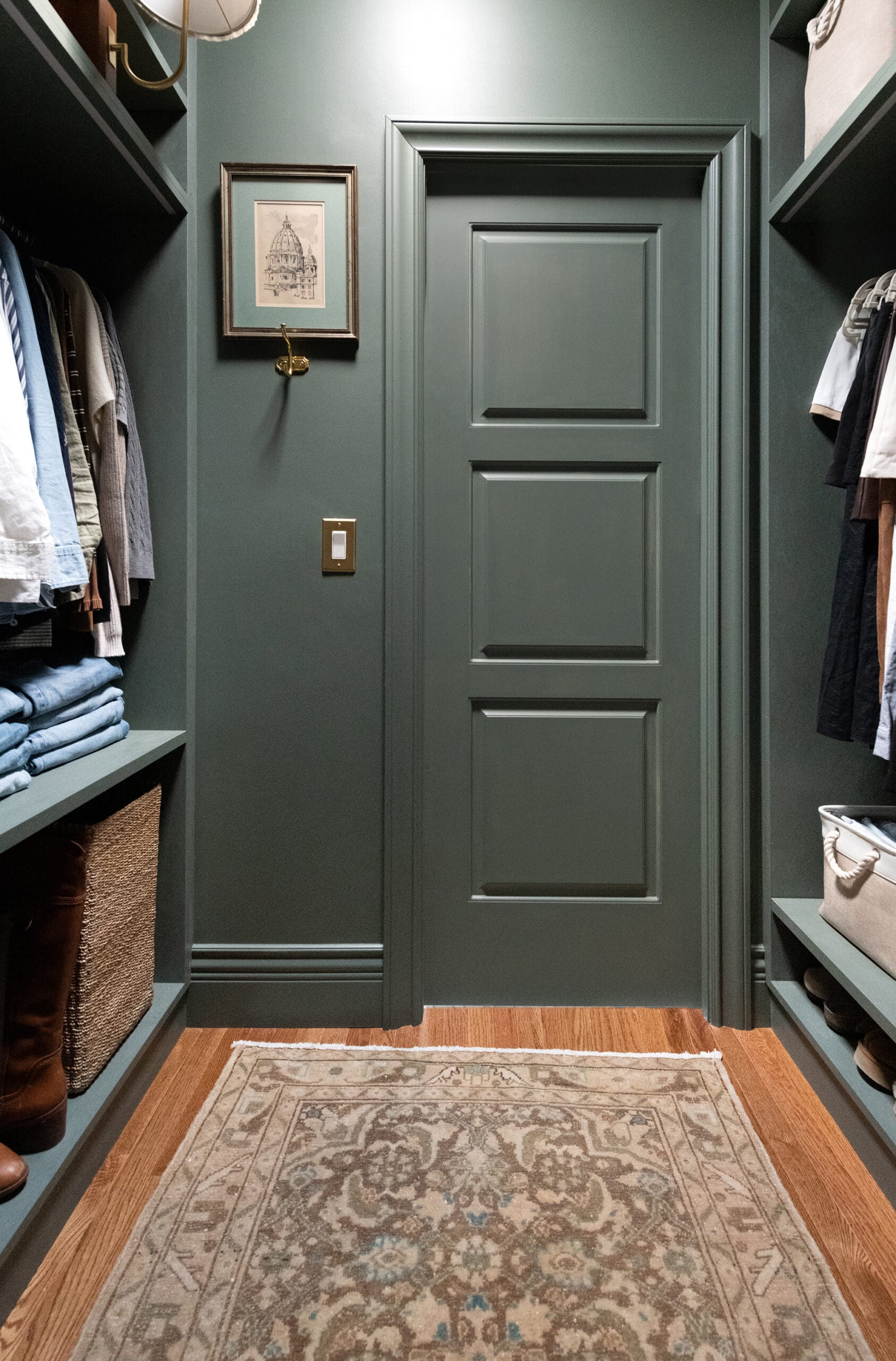 Dark Green Walk in Closet with Sconce and Sun Tunnel for Natural Light