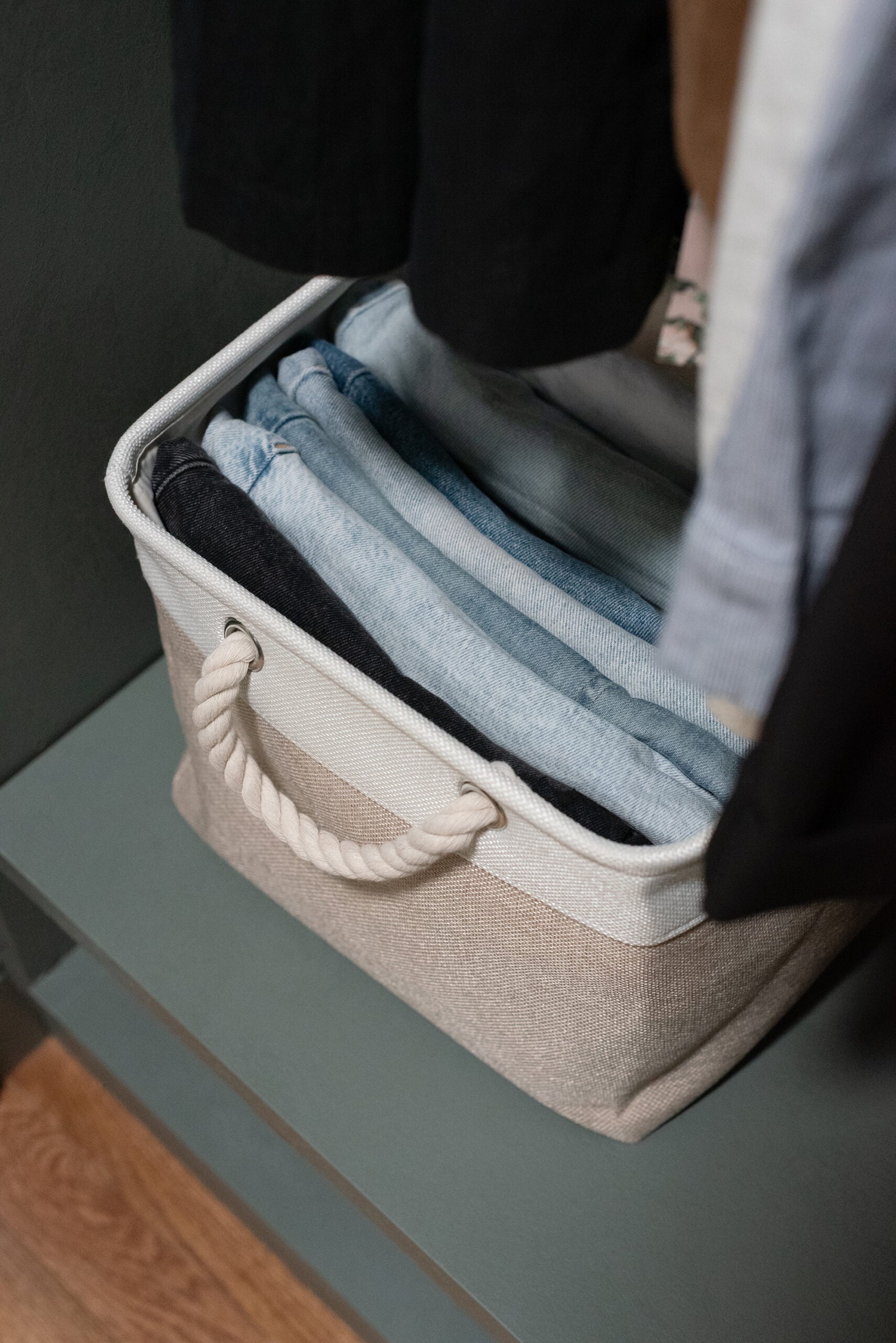 Denim Shorts Tucked Into Bin in Closet