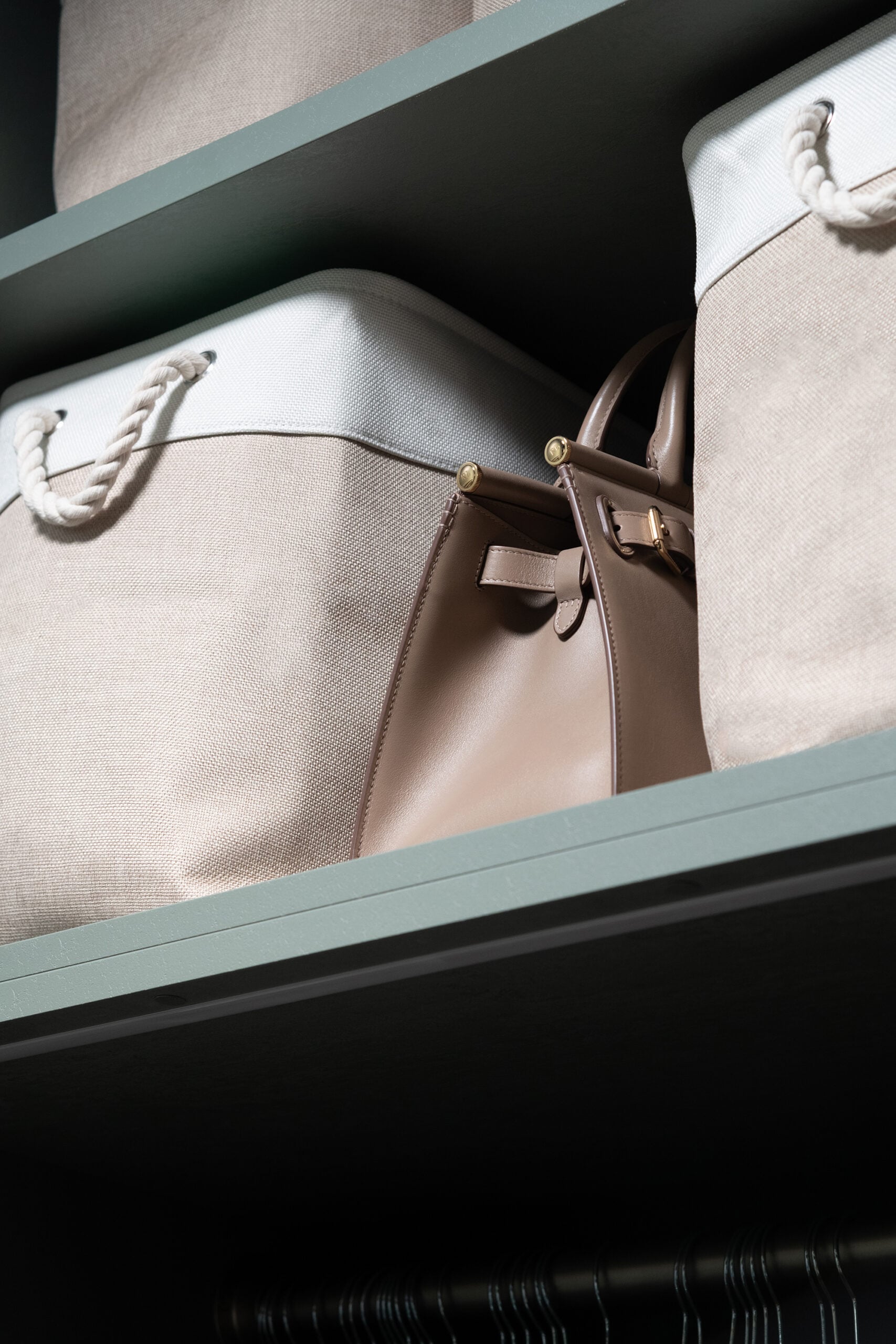 Fabric Bins in Upper Closet Storage