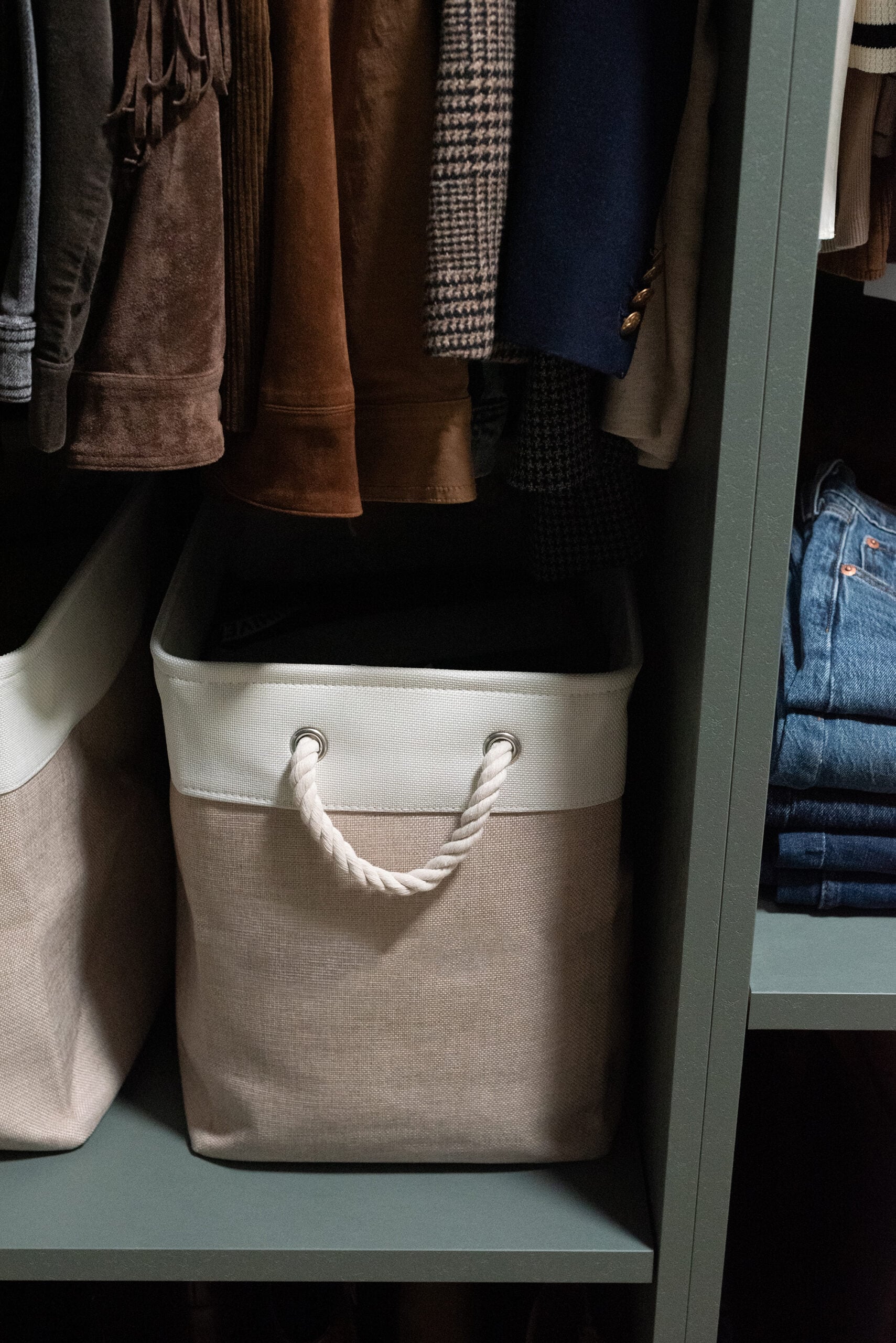 Fabric Bins with Rope Handles in Closet