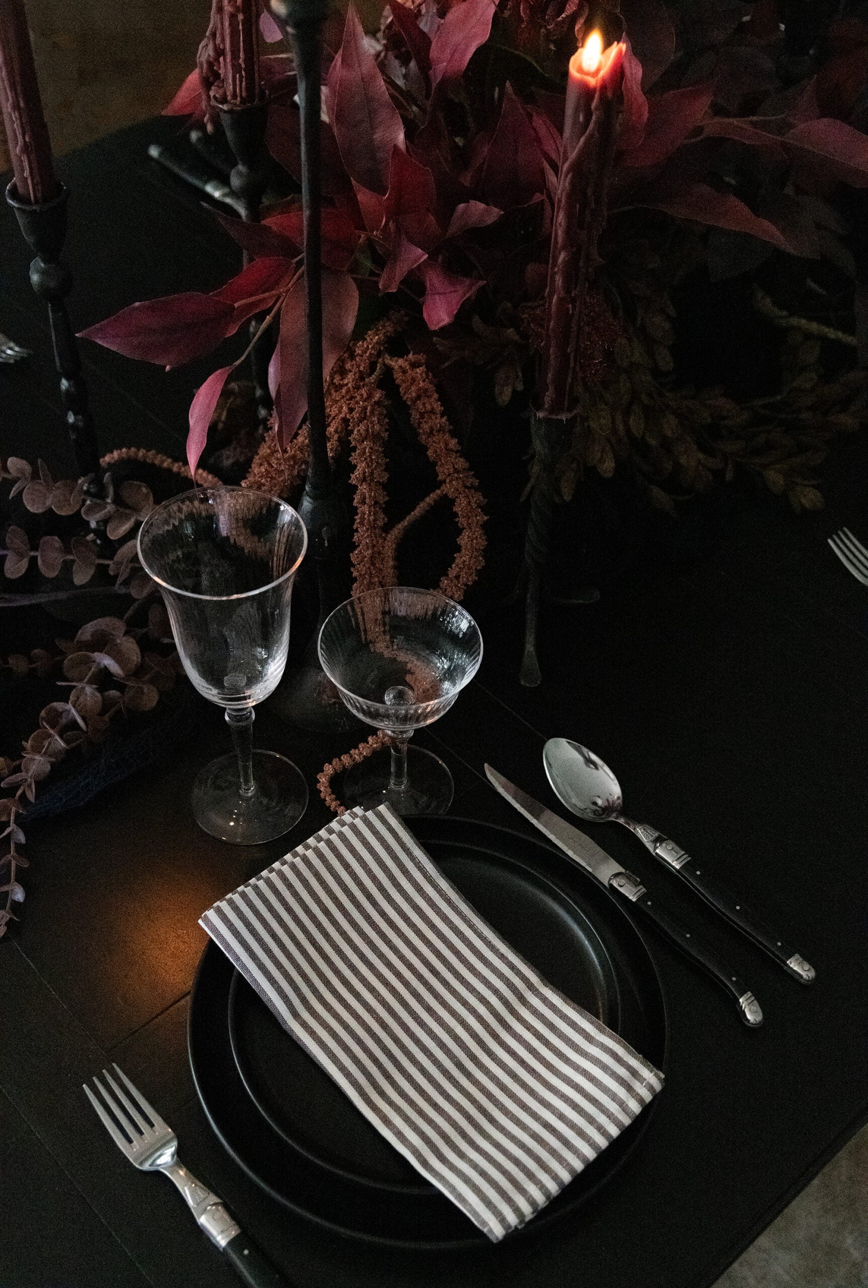 Dark Wine Colored Taper Candles on Black Halloween Tablescape