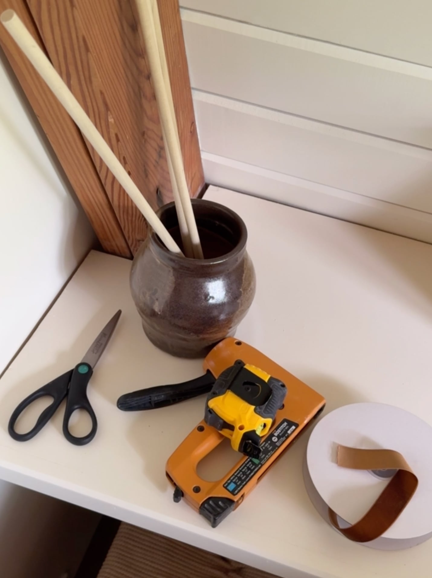 Tools and Supplies for Adding Fabric to a Cabinet