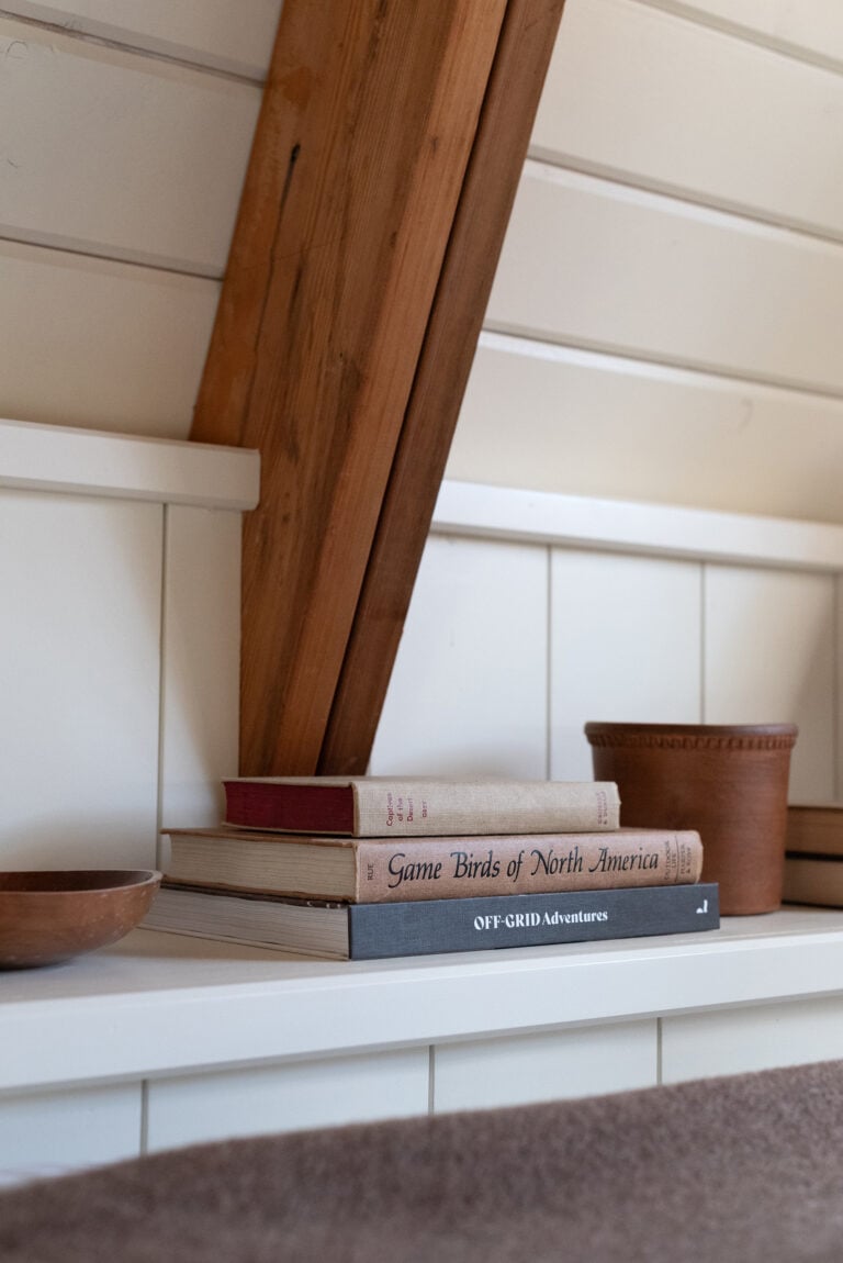 Interesting Books in Cabin Bedroom with Wood Beams