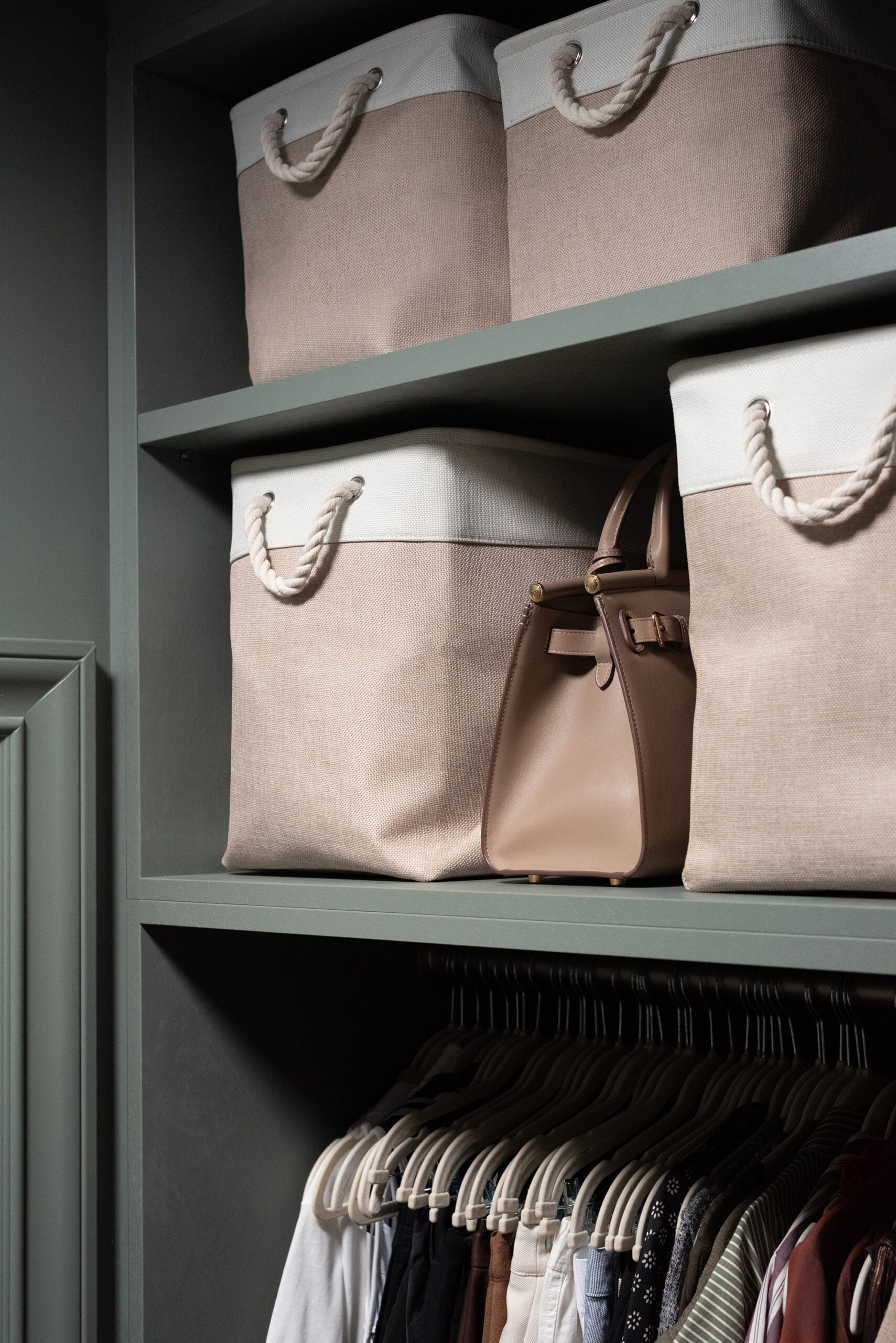 Oversized storage totes in closet